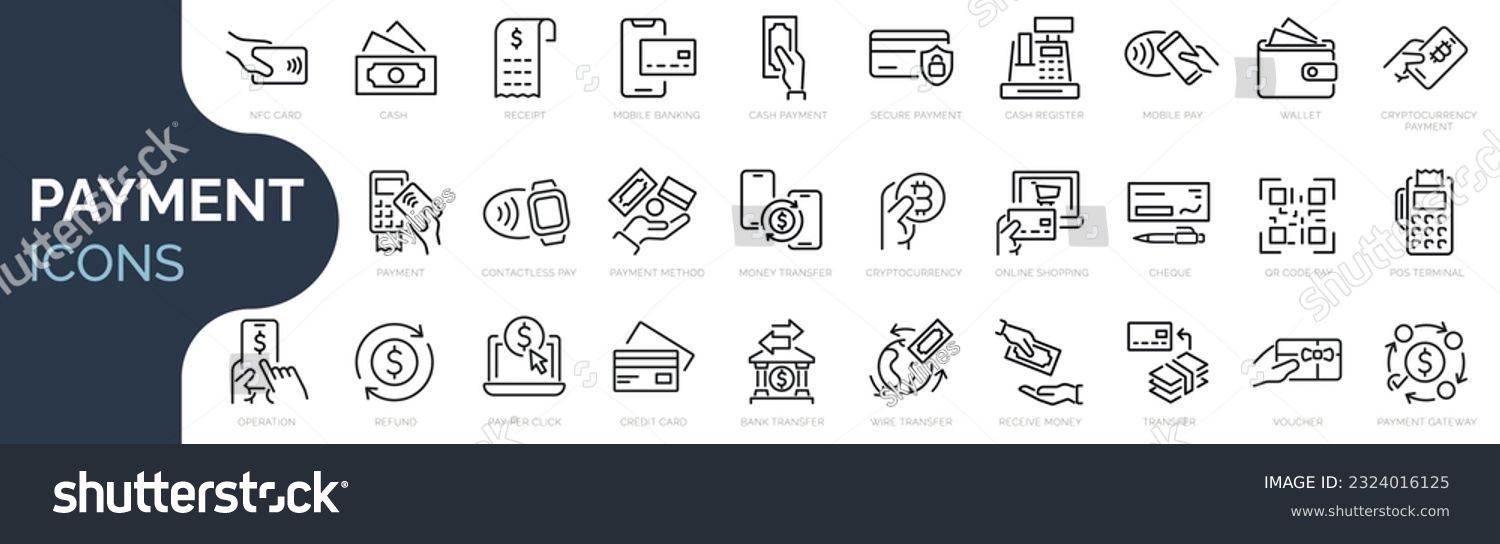 Set of outline icons related to payment methods. Linear icon collection. Editable stroke. Vector illustration #2324016125