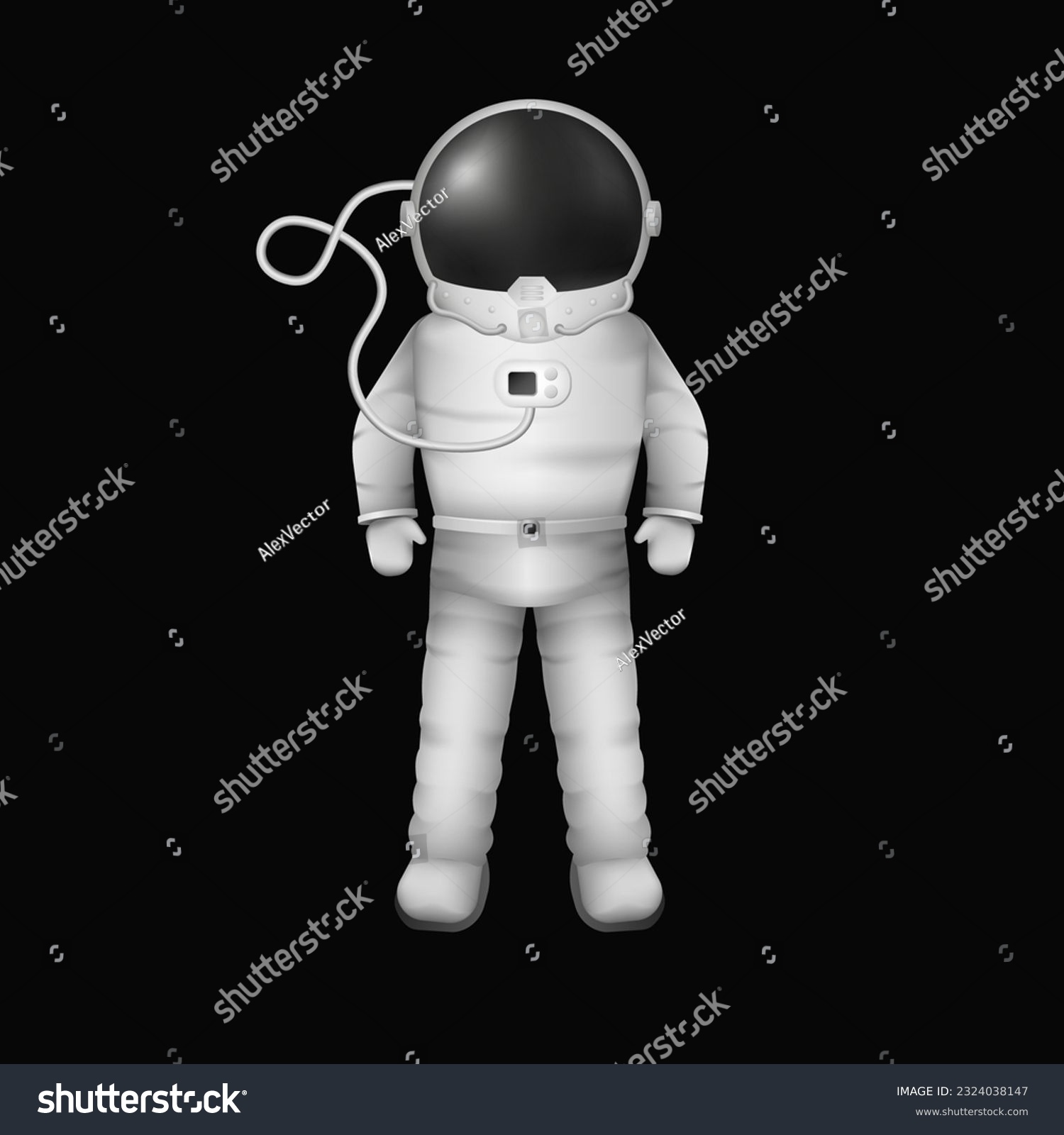 Astronaut in spacesuit. Character in protective helmet and white special suit with breathing wire hovers in zero vector gravity #2324038147
