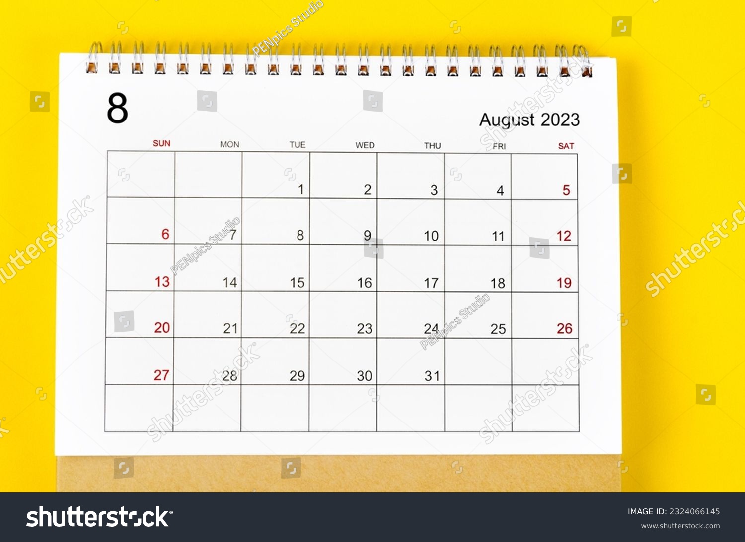 August 2023 Monthly desk calendar for 2023 year on yellow background. #2324066145