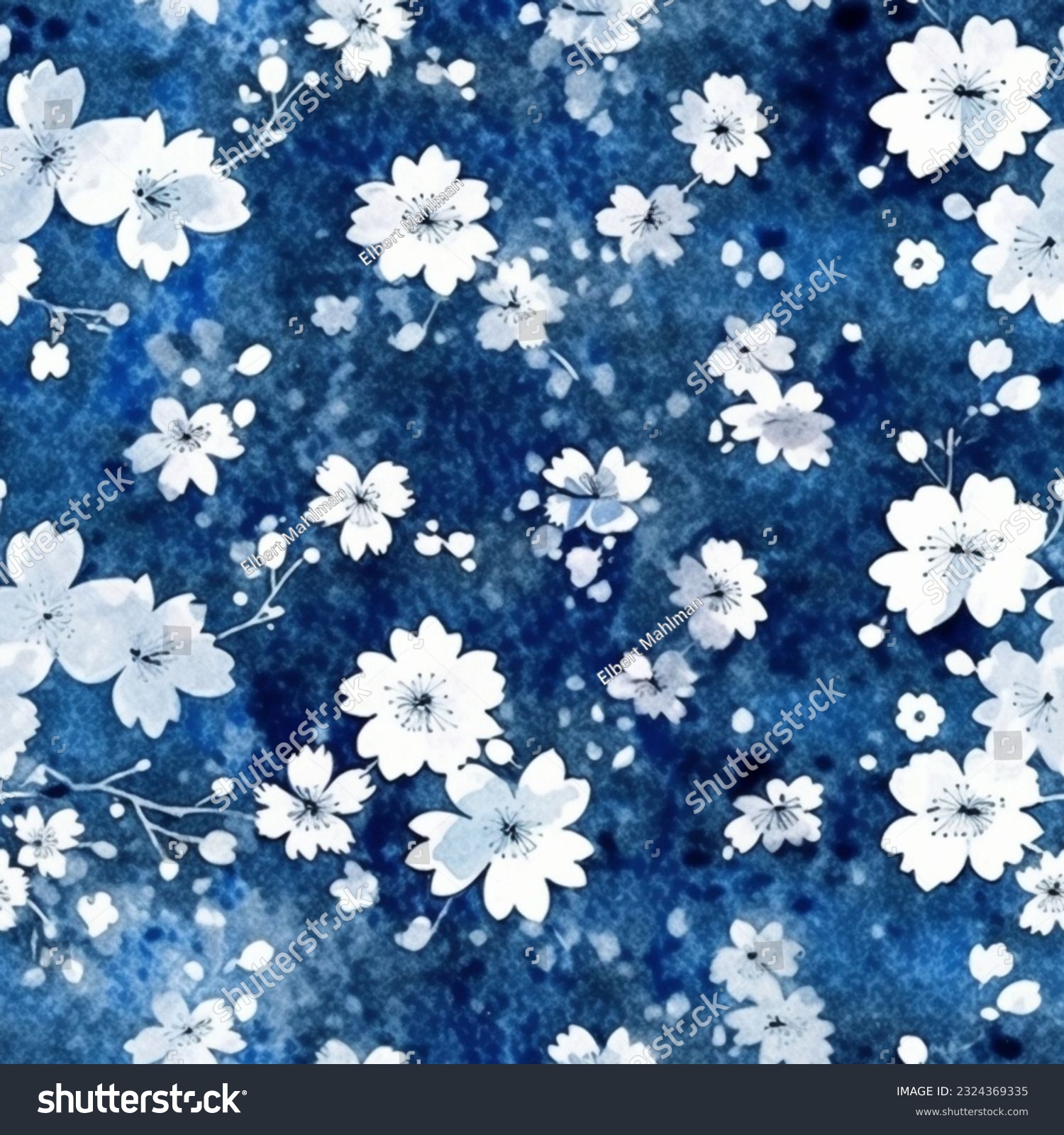 White and Blue Japanese Cherry Blossoms Sakura Kimono Yukata Seamless Pattern Wallpaper Background #2324369335