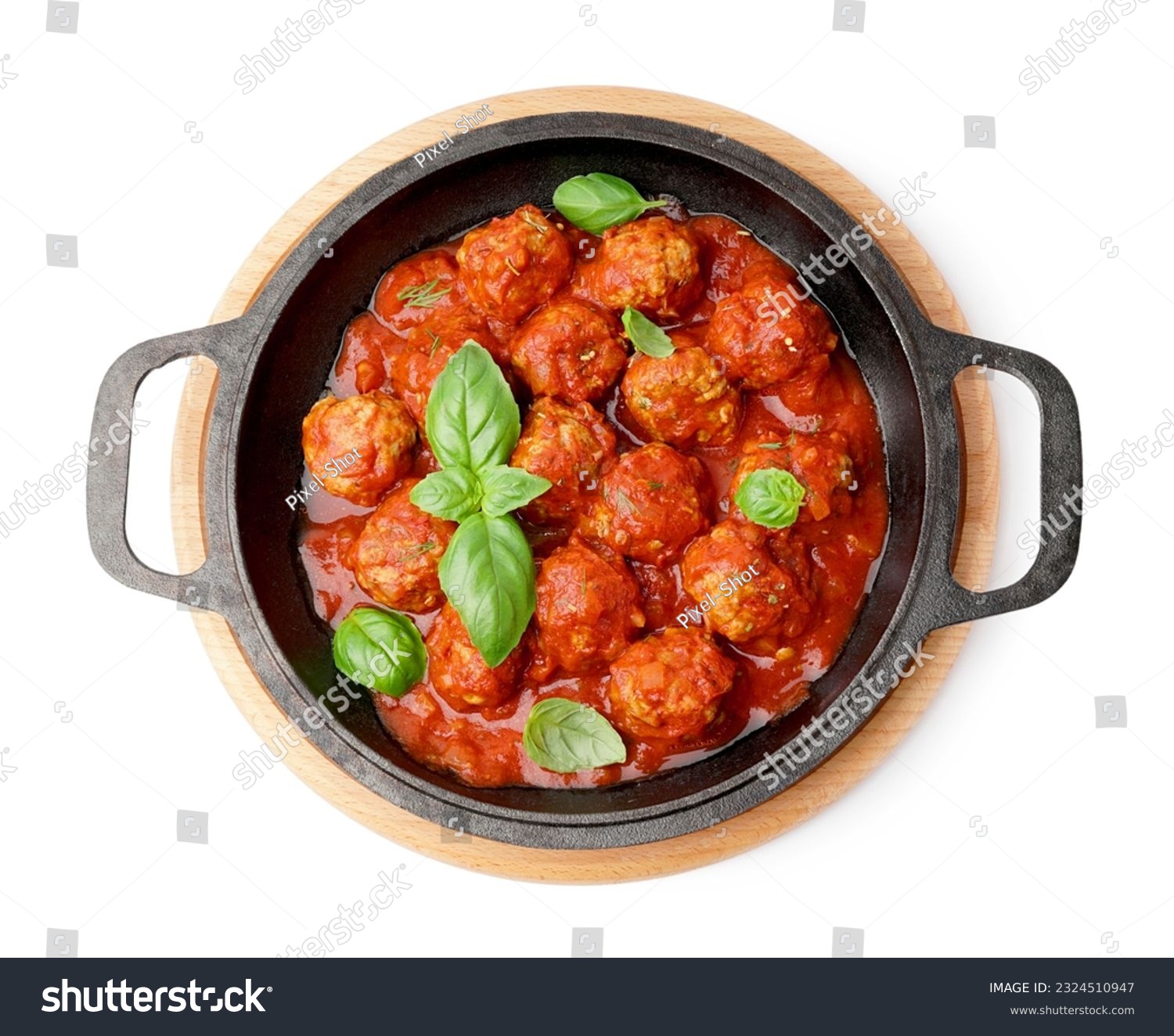 Frying pan of tasty meat balls with tomato sauce and basil on white background #2324510947