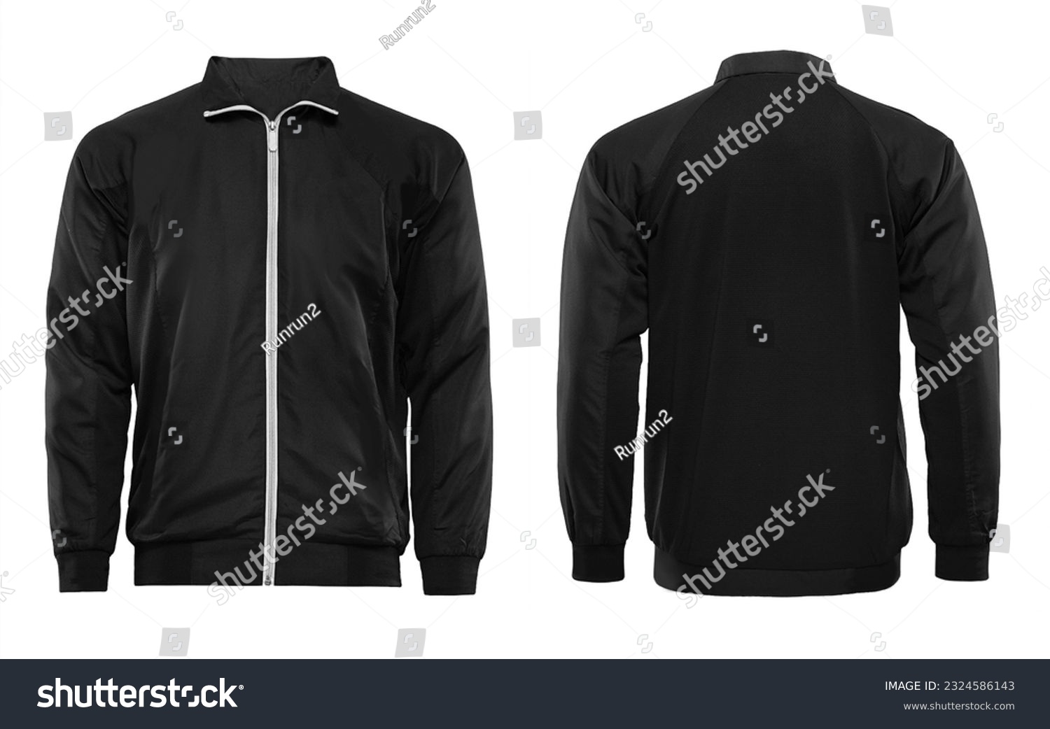 Blank black color jacket in front and back view, isolated on white background.  #2324586143