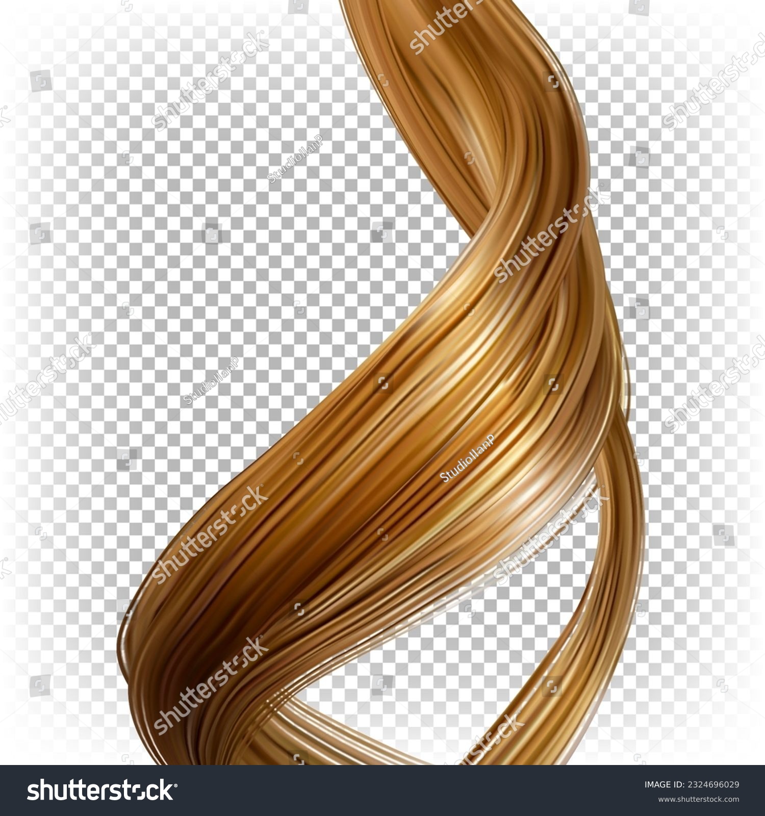 Strand of wavy female blond shiny hair isolated on transparent background. Vector realistic illustration. #2324696029