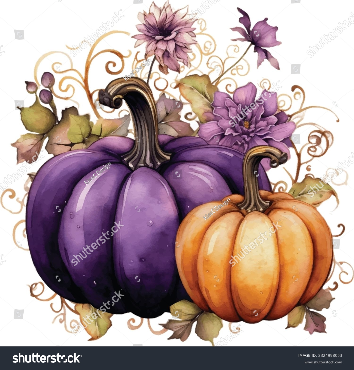 Watercolor Gothic Pumpkin Flowers Arrangement. Isolated Generative Dark Pumpkin for Fall Season Fantasy Clipart. #2324998053