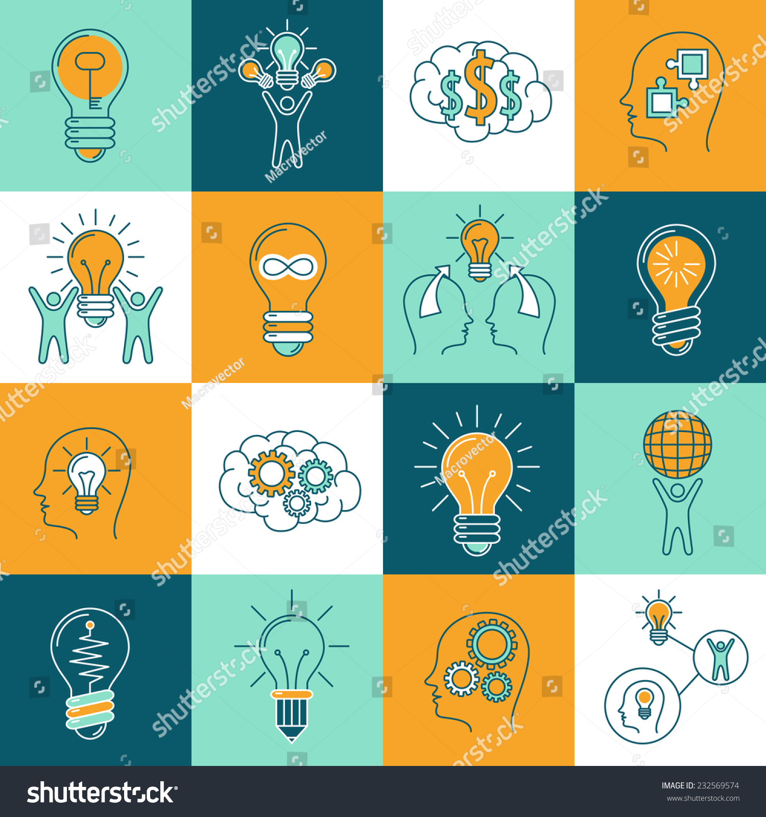 Idea creative innovation thinking icons set with light bulbs and human brain isolated vector illustration #232569574