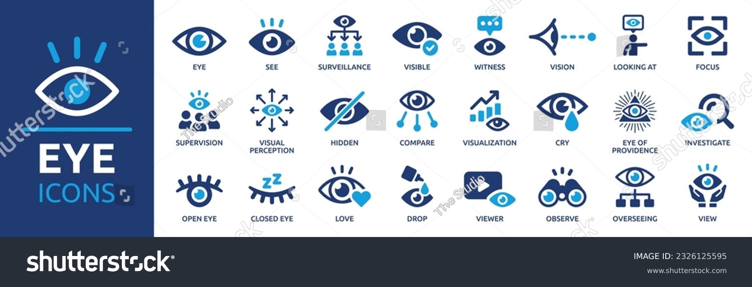 Eye icon set. Containing eyes, see, visible, surveillance, view, vision, witness, looking at, supervision and focus icons. Solid icon collection. Vector illustration. #2326125595