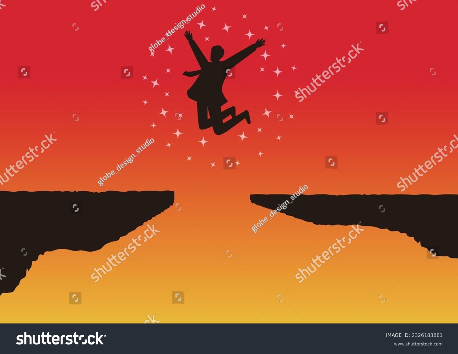 Business image A silhouette illustration of a businessman jumping over a cliff. Success, leap, challenge. #2326183881