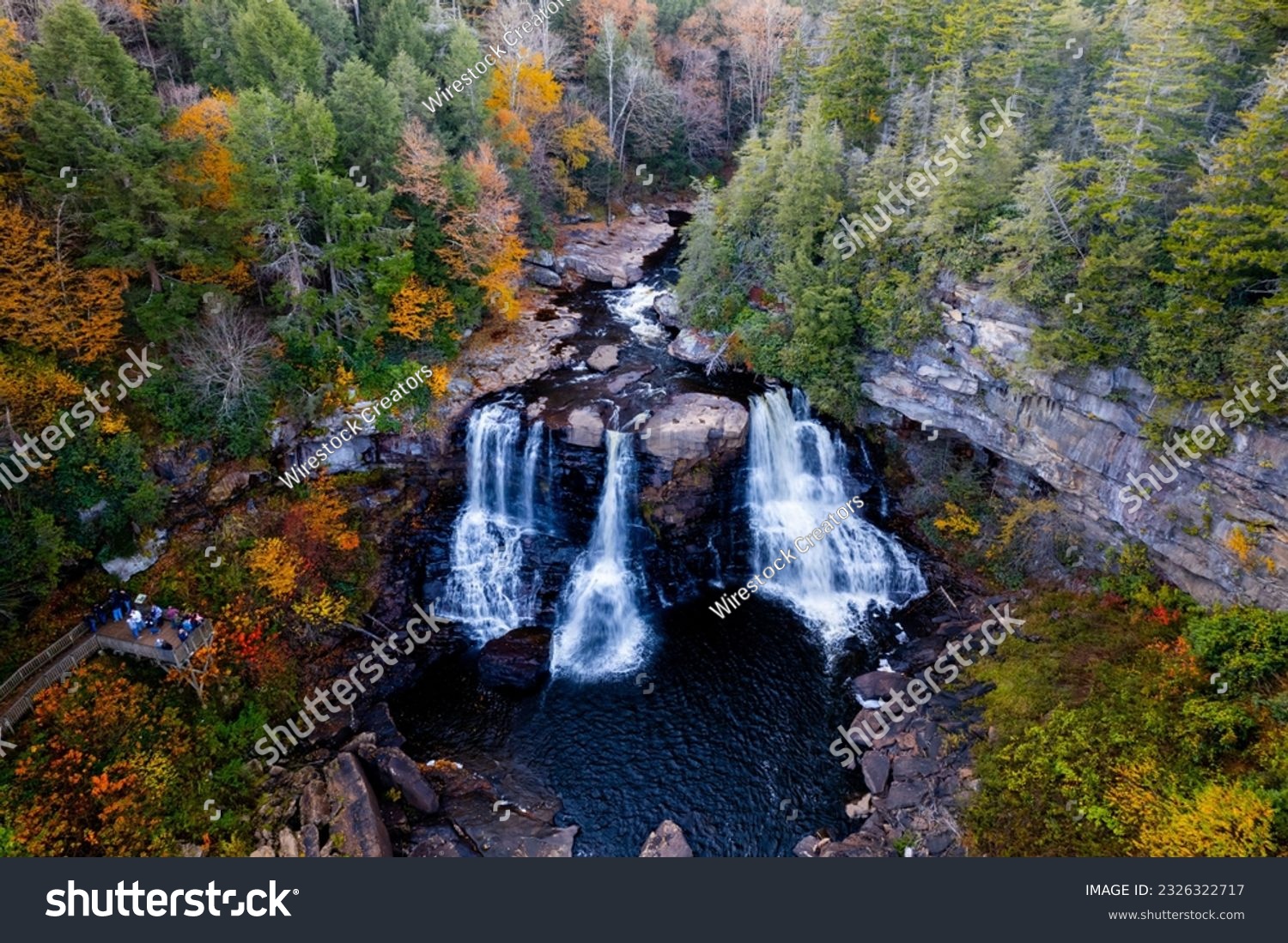 An aerial view of Blackwater Falls in a forest, Davis, West Virginia, United States #2326322717