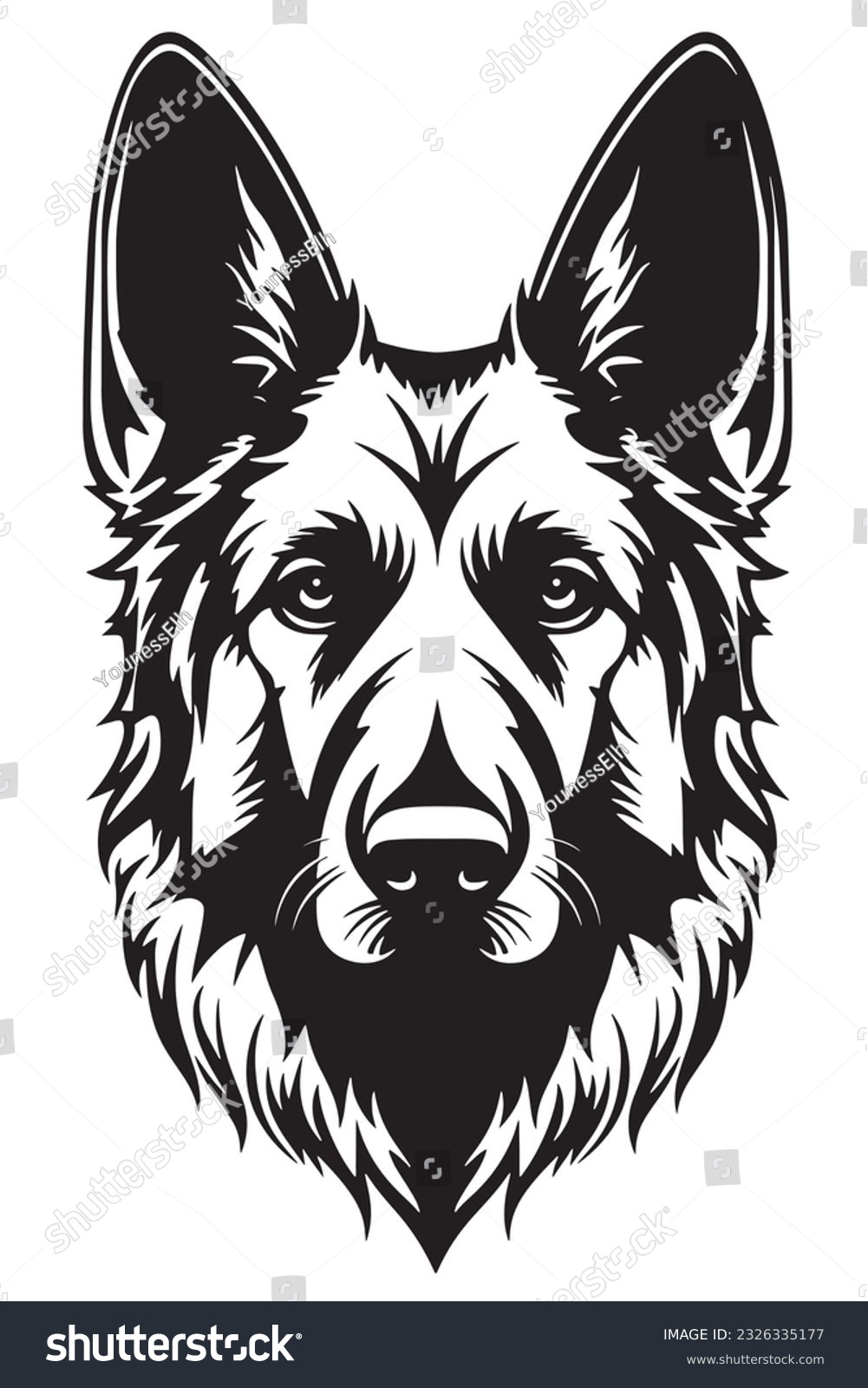 This stunning vector illustration showcases the regal and powerful presence of a German Shepherd's head. With intricate details and a commanding gaze, this artwork captures the essence of this beloved #2326335177