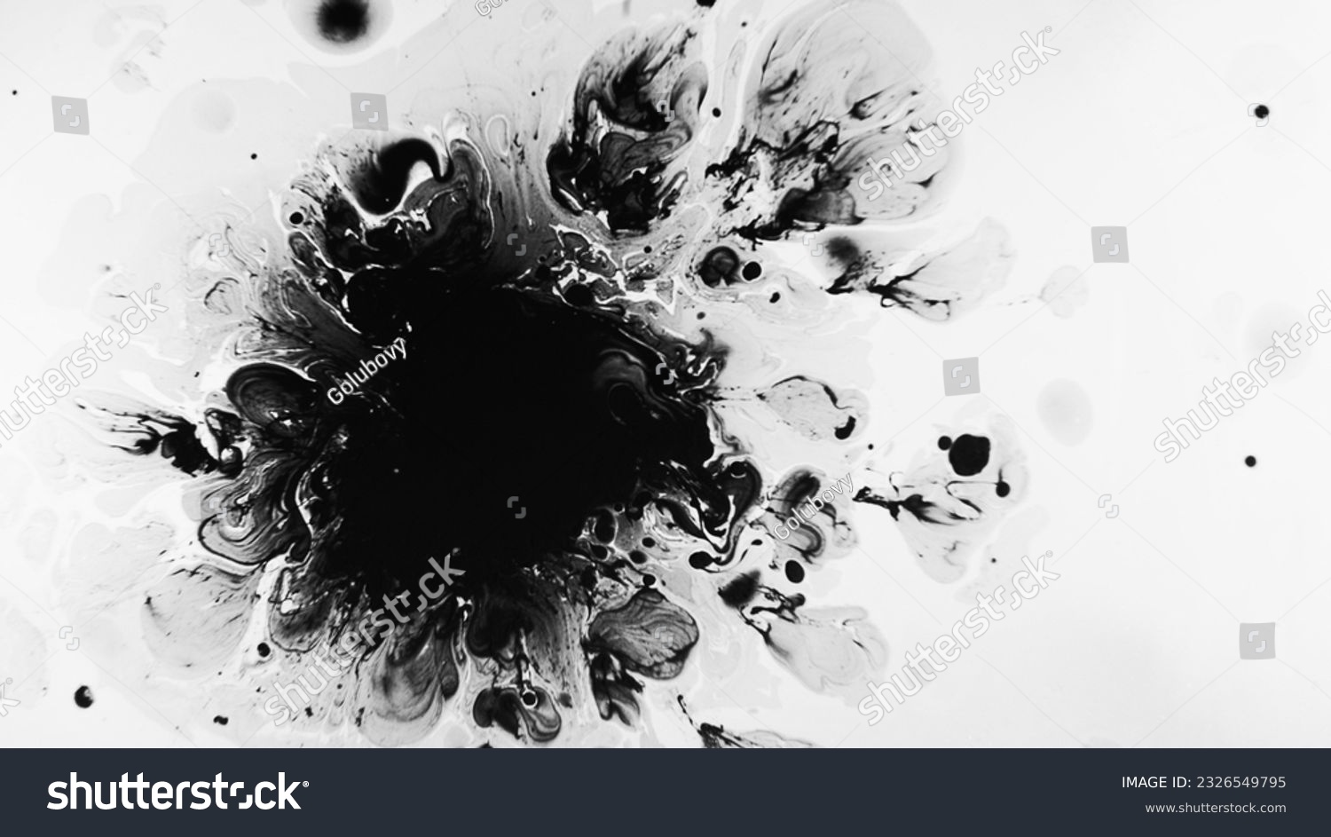 Ink splatter. Oil spill. Dark fluid swirl spreading blending in supernatural pattern of black watercolor abstract illustration. #2326549795