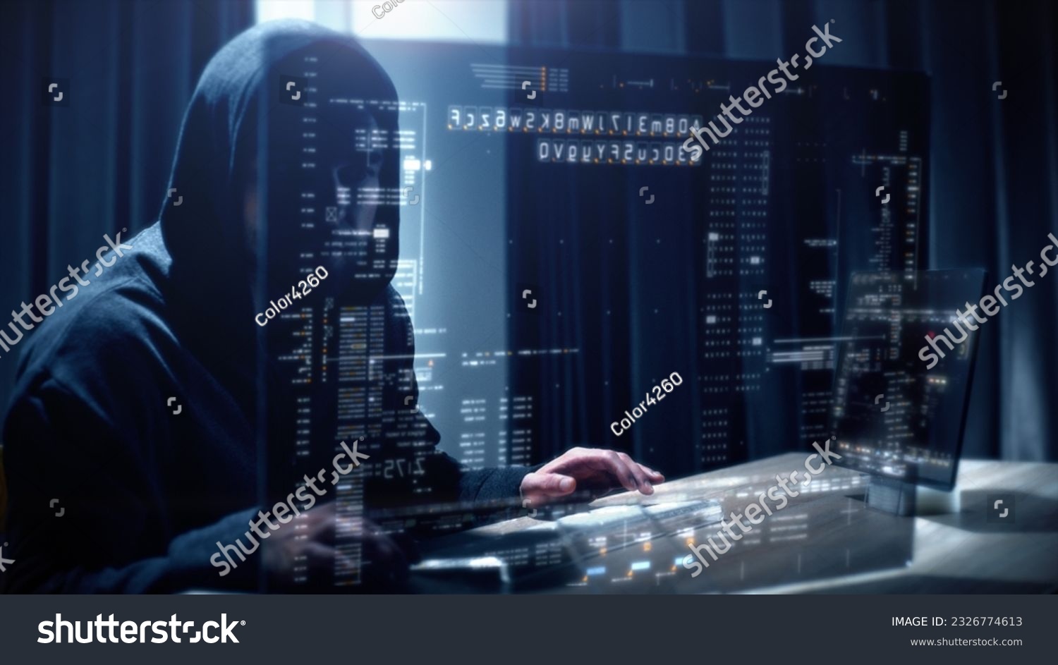 Futuristic cyber hacker operating under the guise of Anonymous, employs advanced algorithms to infiltrate cybersecurity systems and exploit vulnerabilities in password security. Concept : Cyber Hacker #2326774613