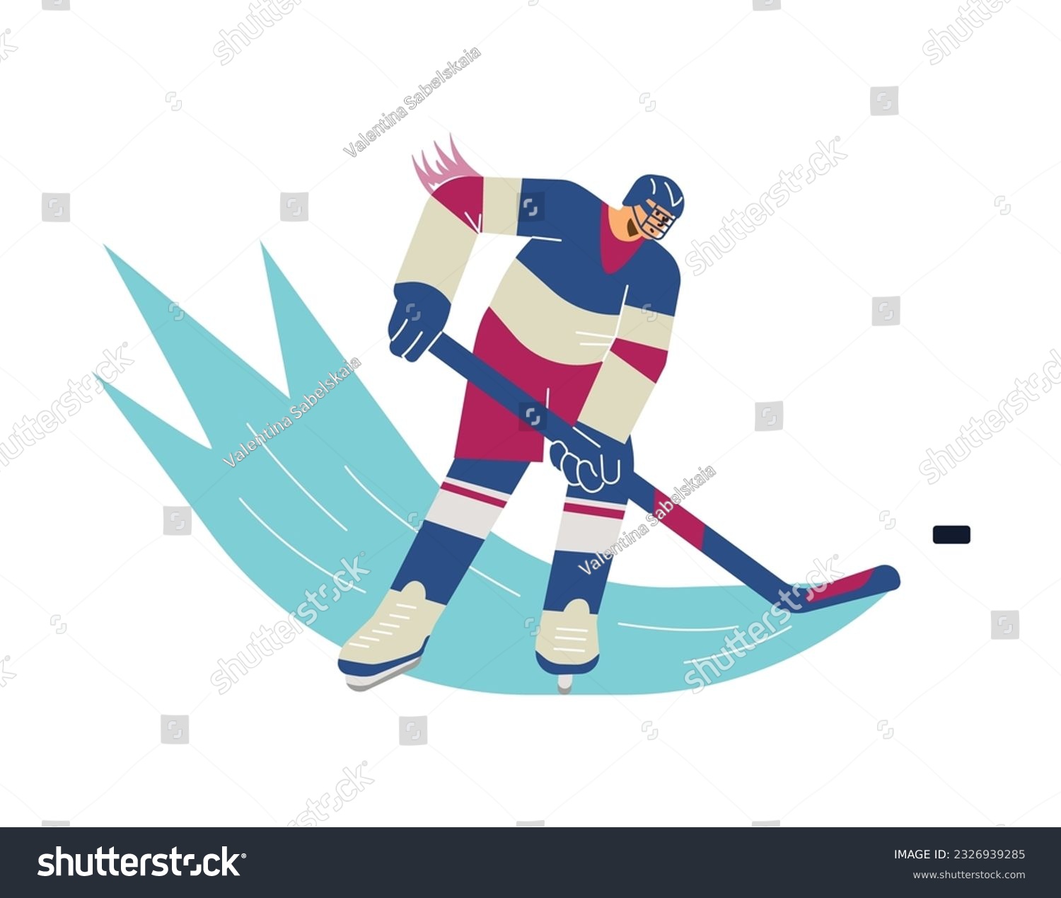 Vector illustration of a hockey player with brassy and puck. Olympic Winter Game. Cartoon line art motion lines on the ice in red and blue colors isolated on white background #2326939285