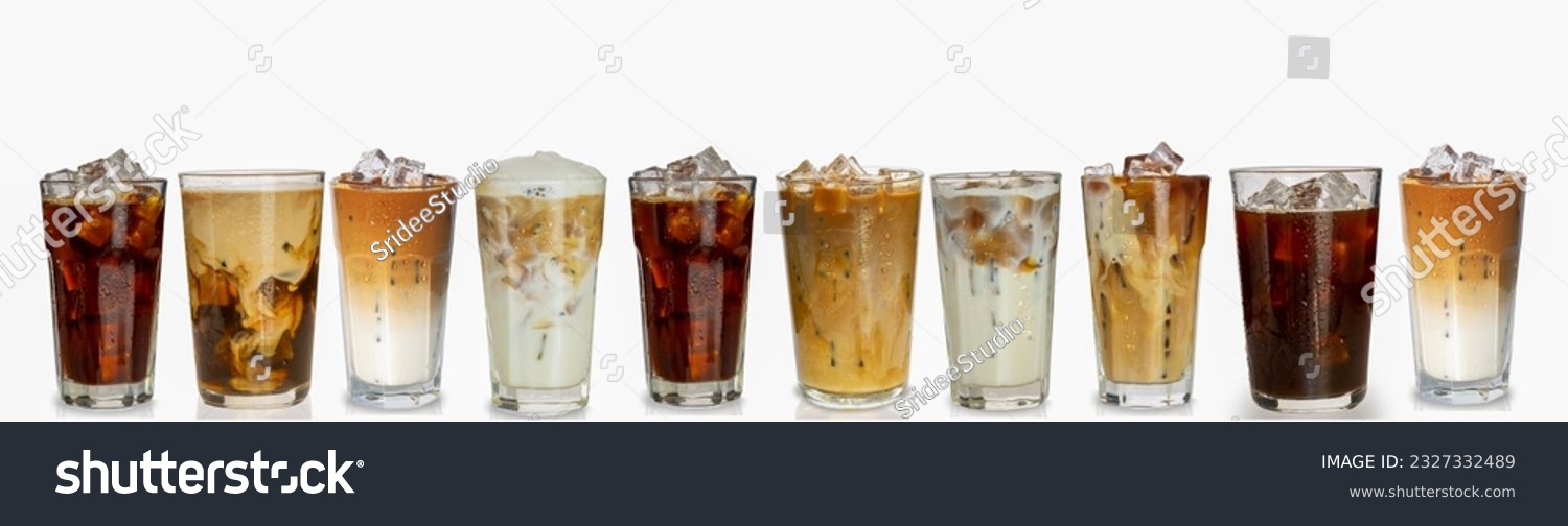 Set of black ice coffee and ice latte coffee with milk in tall glass isolated  on white background. #2327332489