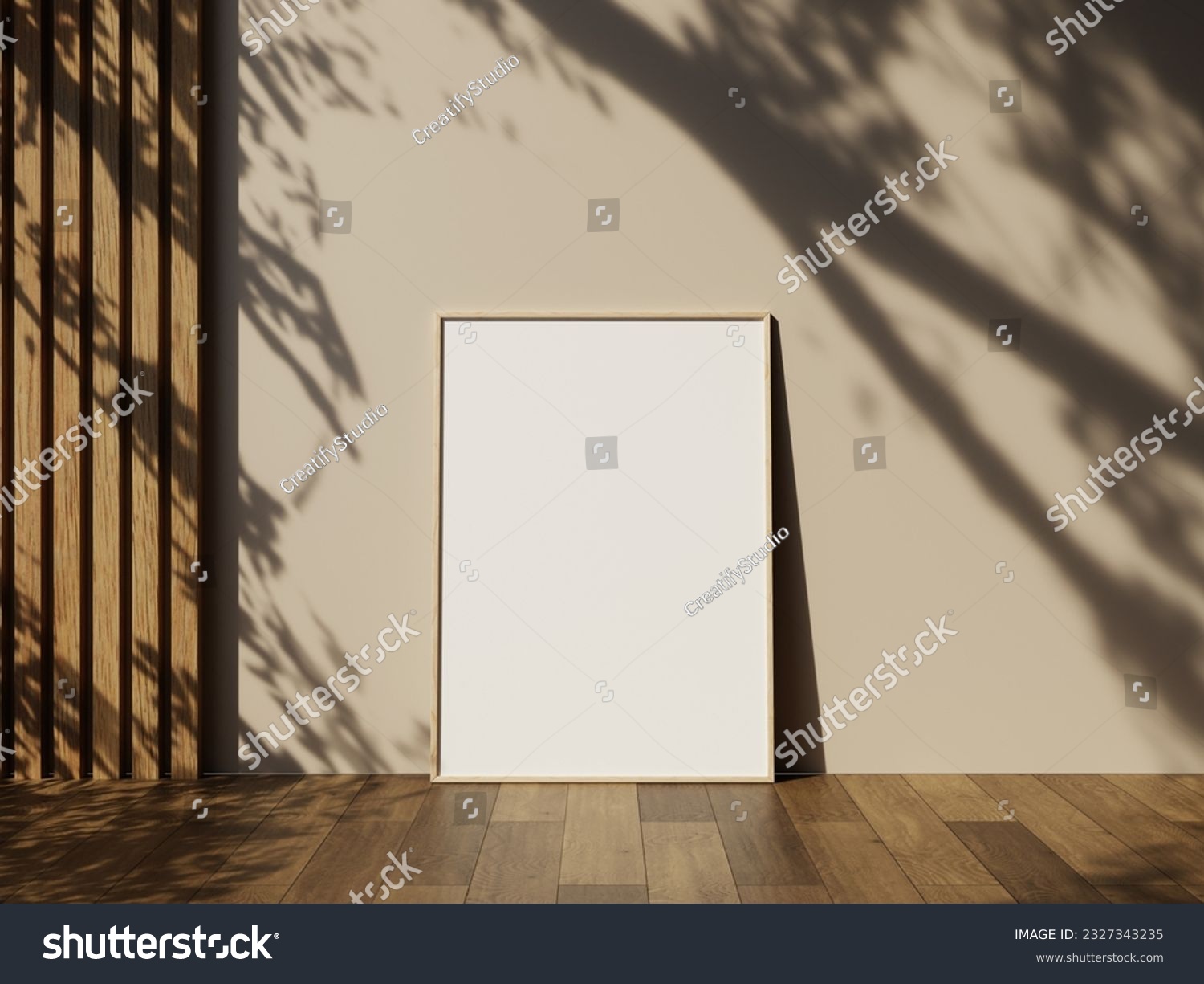 Poster picture frame mockup on wooden tiles floor with aesthetic shadow #2327343235