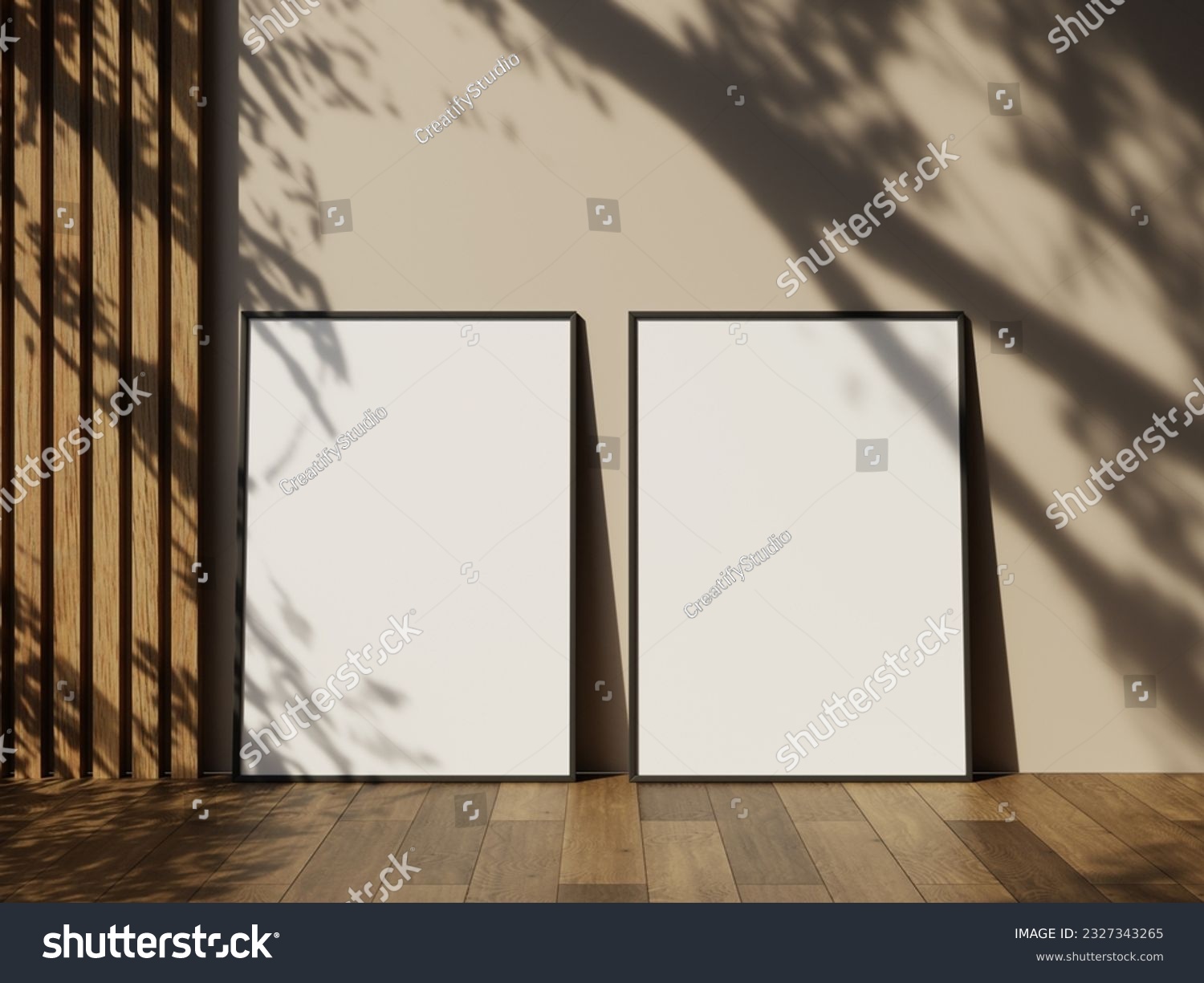 Poster picture frame mockup on wooden tiles floor with aesthetic shadow #2327343265