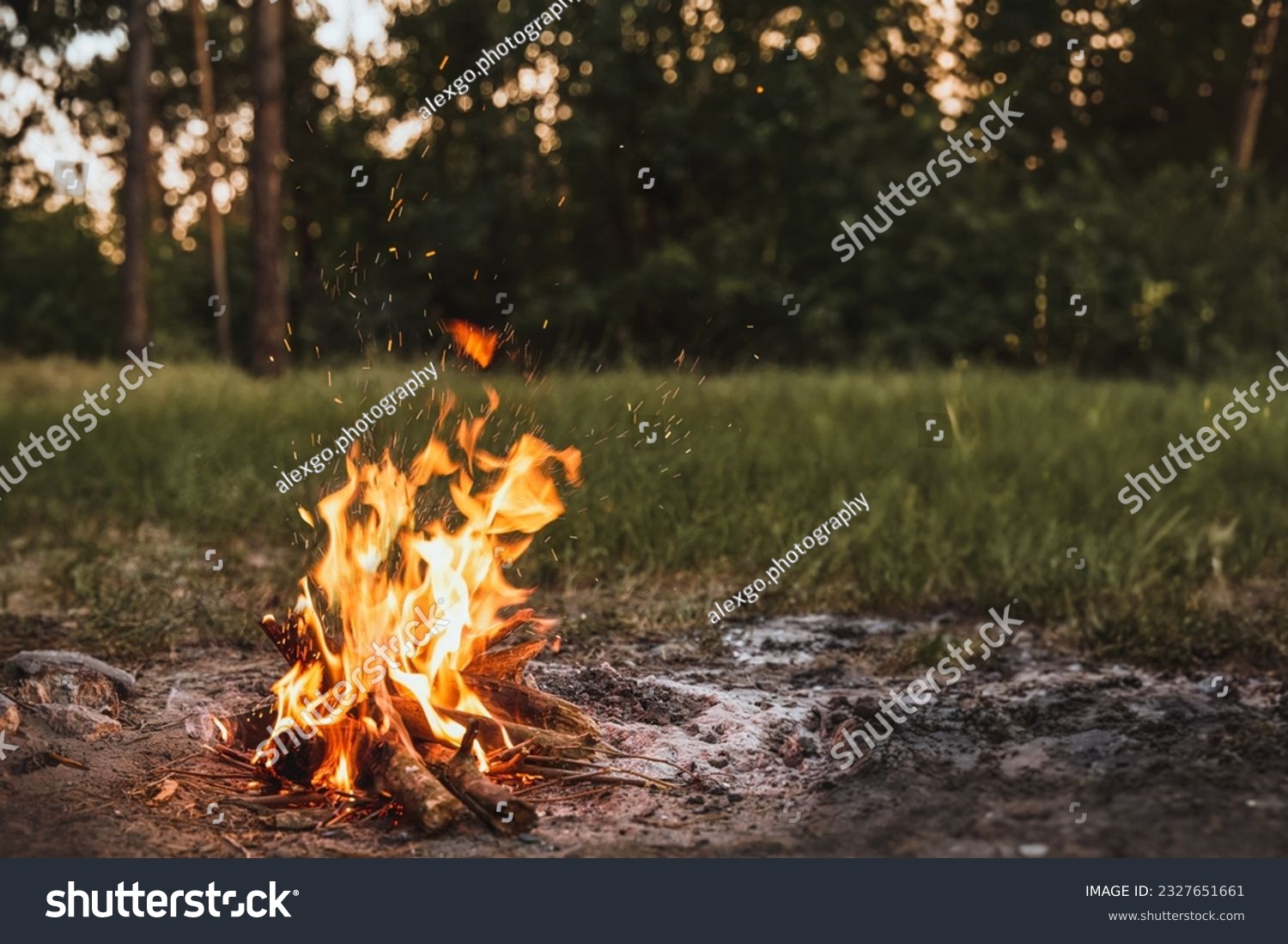 A Lonely Evening by the Forest Campfire - Embracing the Beauty of Nature with the Fire Burning at Dusk near a River, Against the Enchanting Evening Sky #2327651661