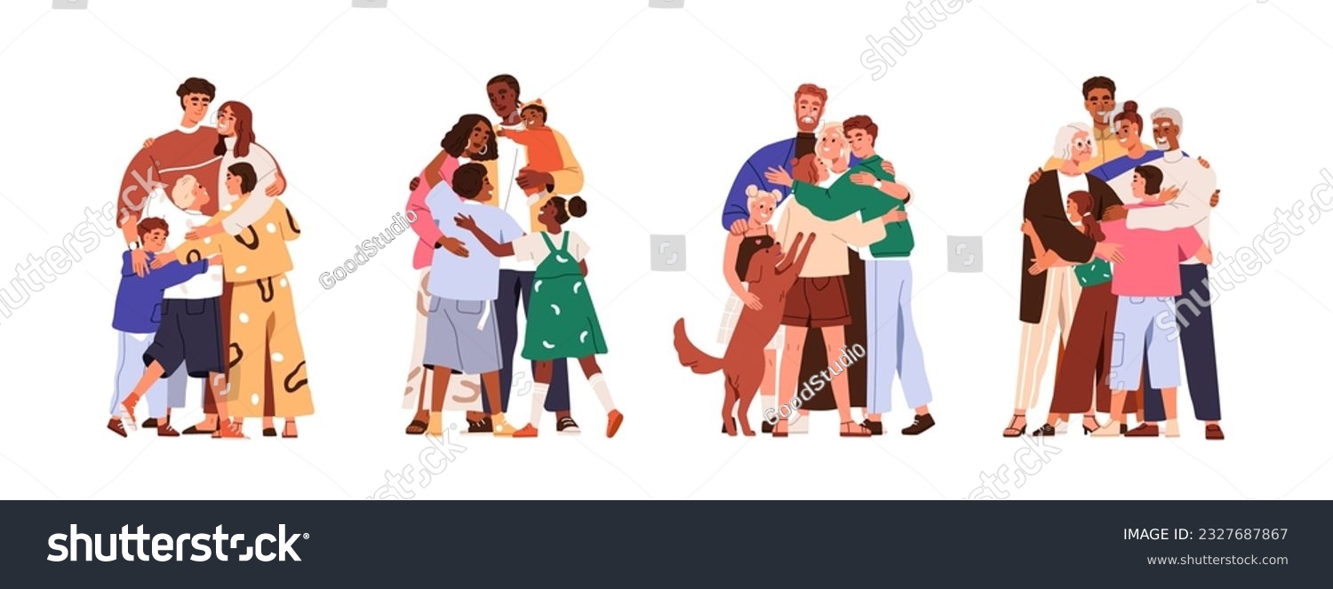 Happy big families hug set. Parents and kids embrace with love, support. Mothers, fathers, children cuddle. Bonding relationship concept. Flat graphic vector illustrations isolated on white background #2327687867