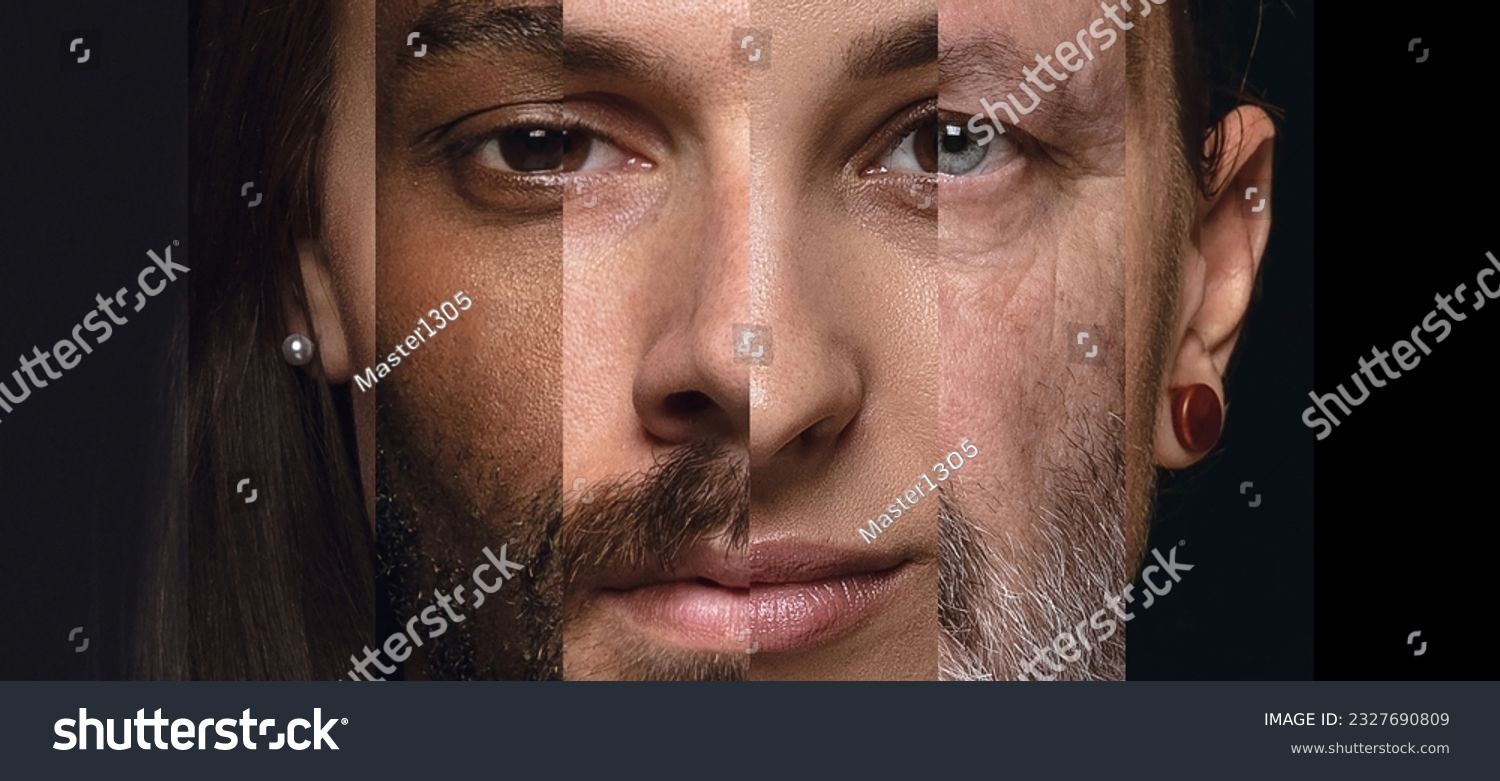 Human face made from portrait of different people of diverse age, gender and race over black background. Concept of social equality, human rights, freedom, diversity, acceptance #2327690809