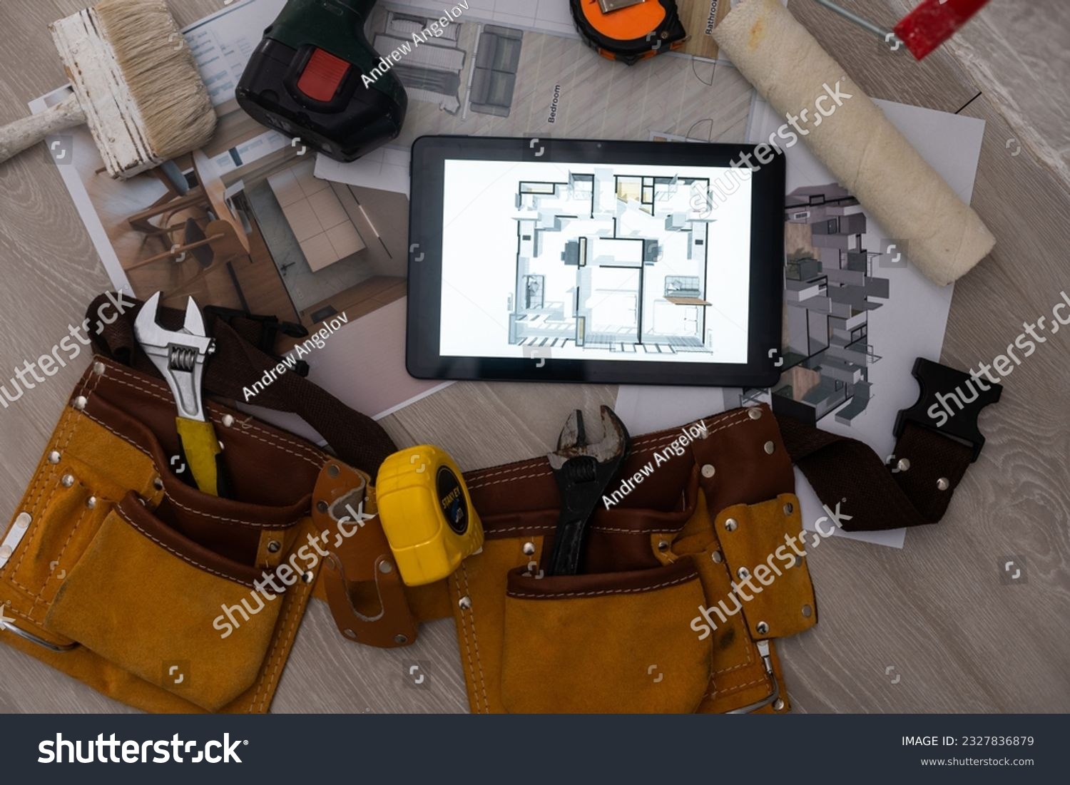 Computer Tablet Showing apartment Illustration Sitting On House Plans. tools #2327836879