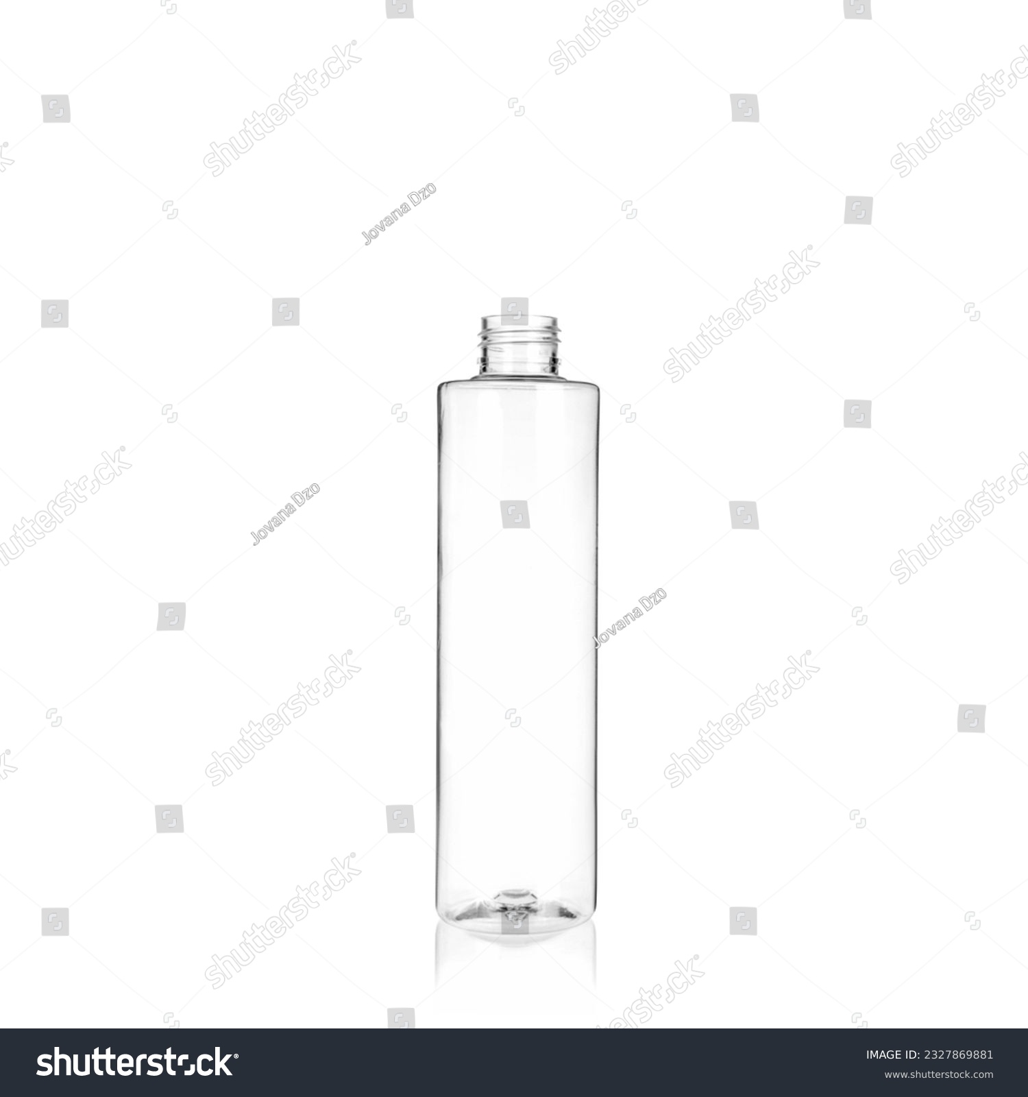 Transparent cylindrical PET bottle container. Packaging of antiseptic. Template of a bottle for cosmetics and medical products. Isolated on white background, copy space template, banner. #2327869881