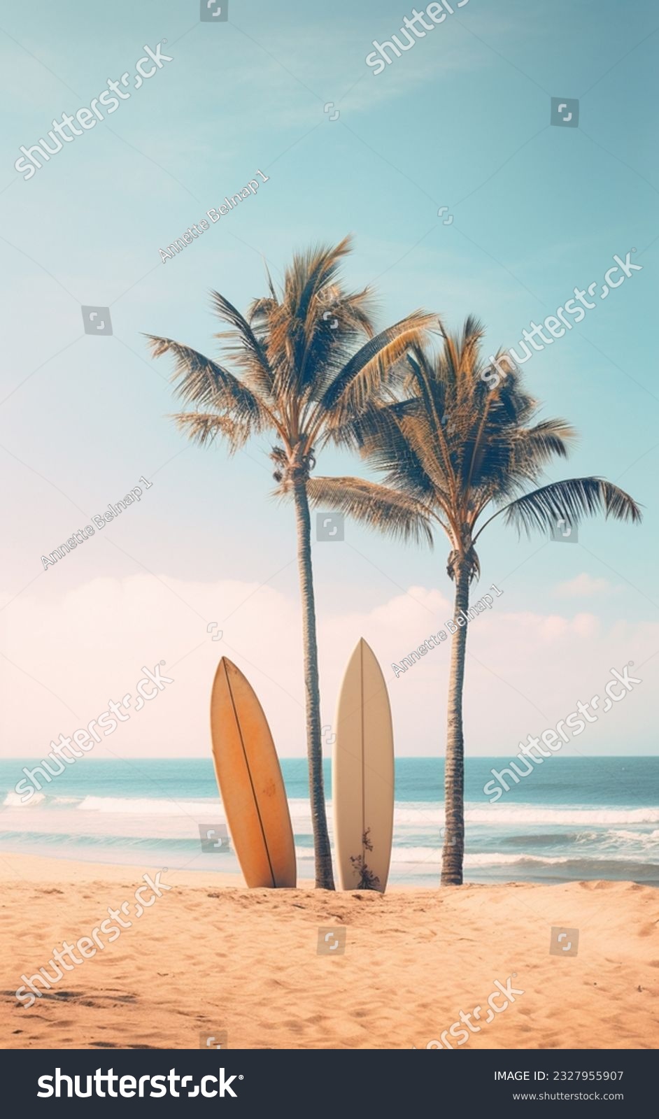 A beach scene with palm trees and surf boards standing up in the sand. Muted colors, soft colors, blue, tan, orange, green, white.  #2327955907