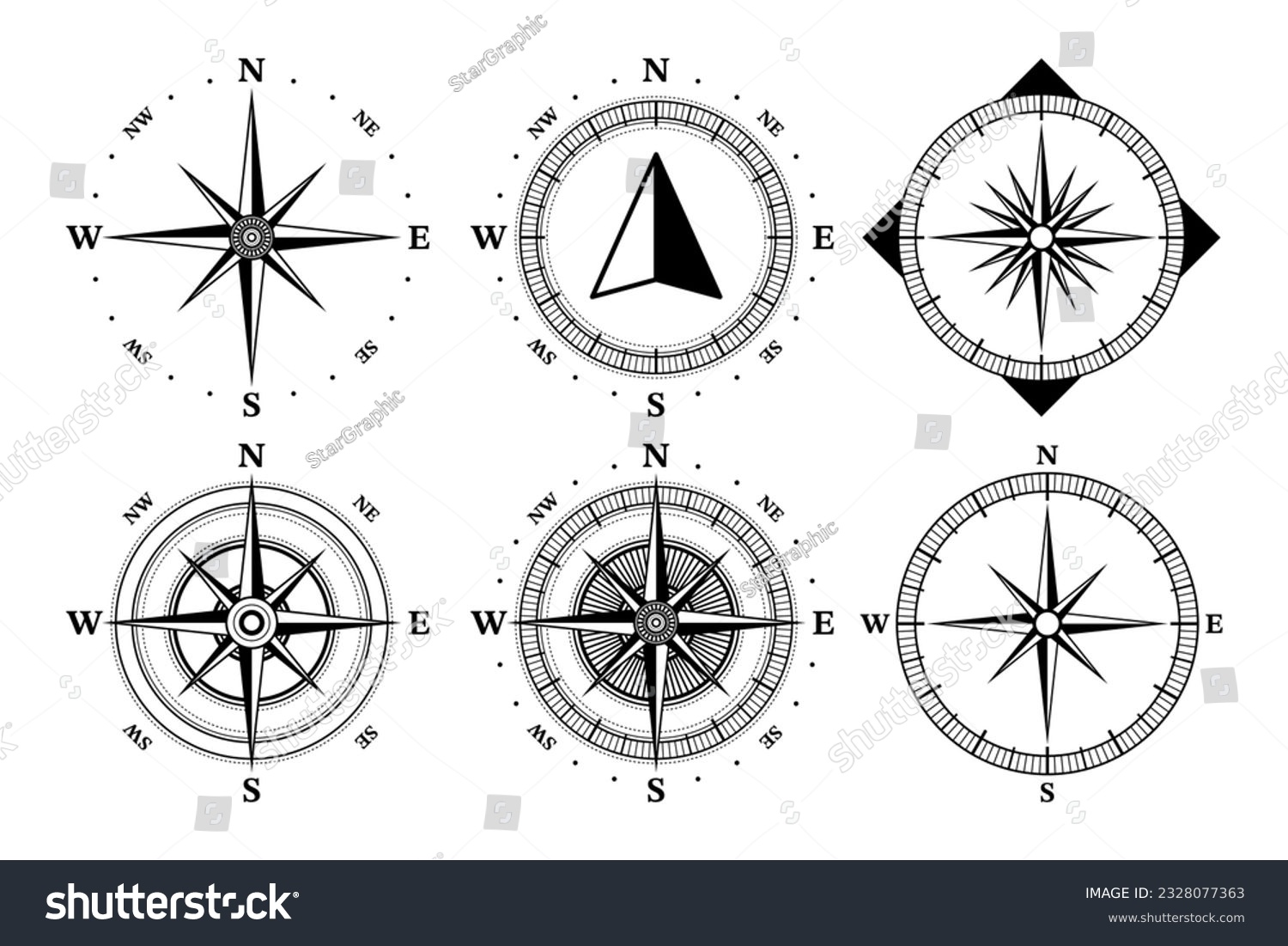 Compass Icons Collection Wind Rose Travel Royalty Free Stock Vector 2328077363 0517