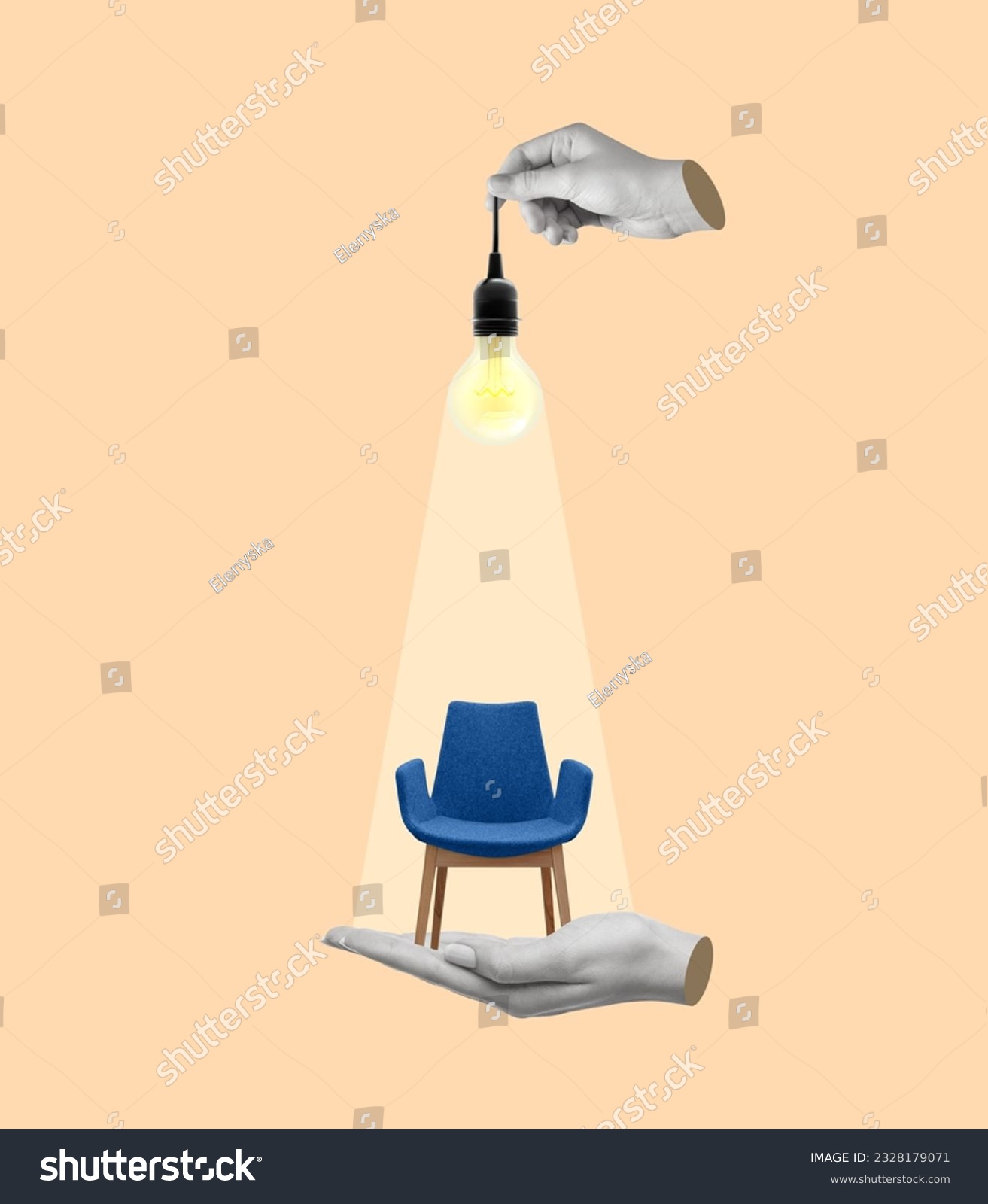 A hand holds a light bulb on an office chair. Contemporary art collage. Hiring and recruitment concept. Modern design. #2328179071