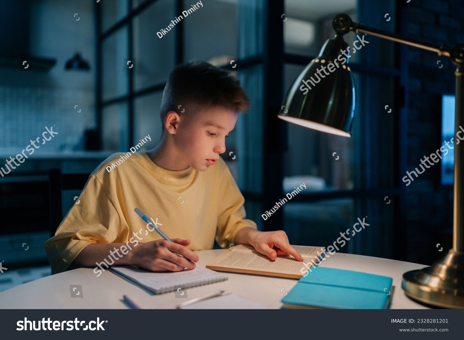 Focused redhead pupil student boy studying at home writing in exercise book doing homework, learning sitting at table under light of lamp at night. Clever schoolkid reading textbook sitting at desk. #2328281201