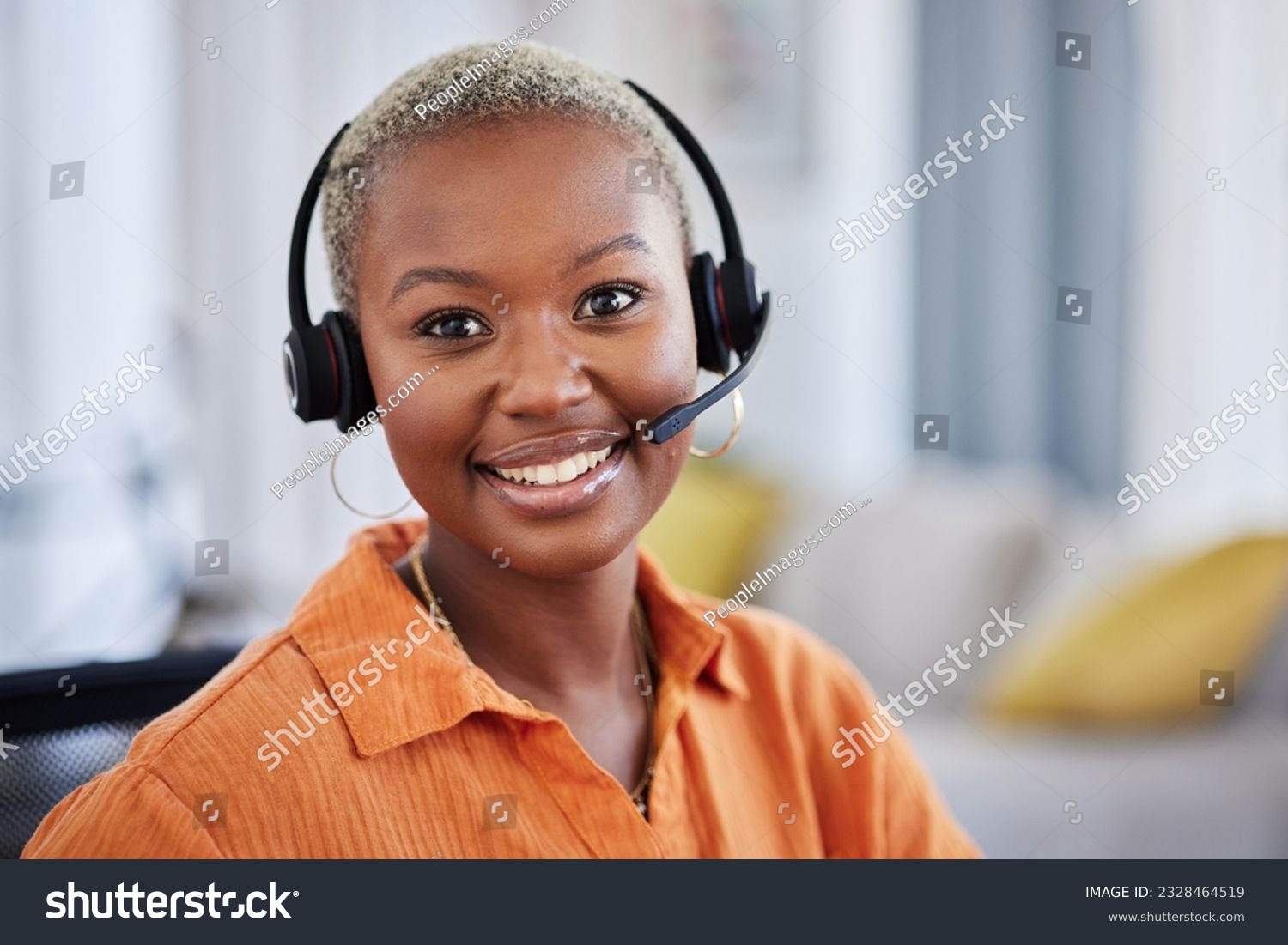 Black woman, call center and portrait with headphones for consulting, telemarketing or working remote at home. Face of happy African female person, consultant or agent with headset for online advice #2328464519
