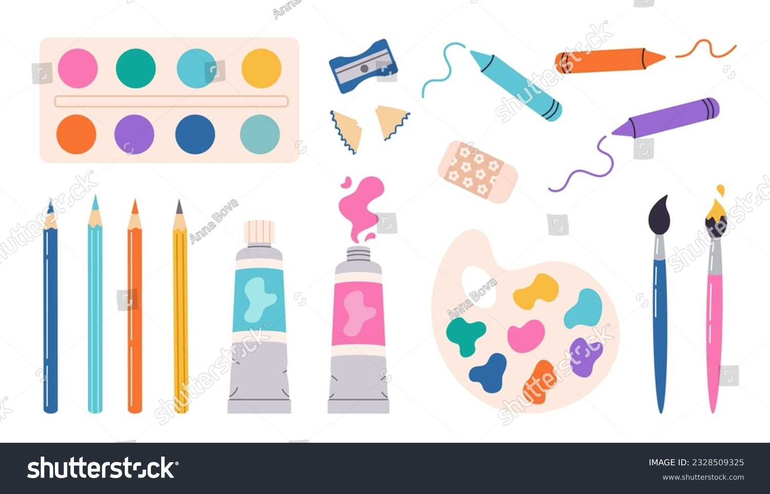 Painting tools elements vector set in cartoon style. Art supplies: paint tubes, brushes, pencils, watercolor, palette, crayons. Vector hand draw illustration. #2328509325