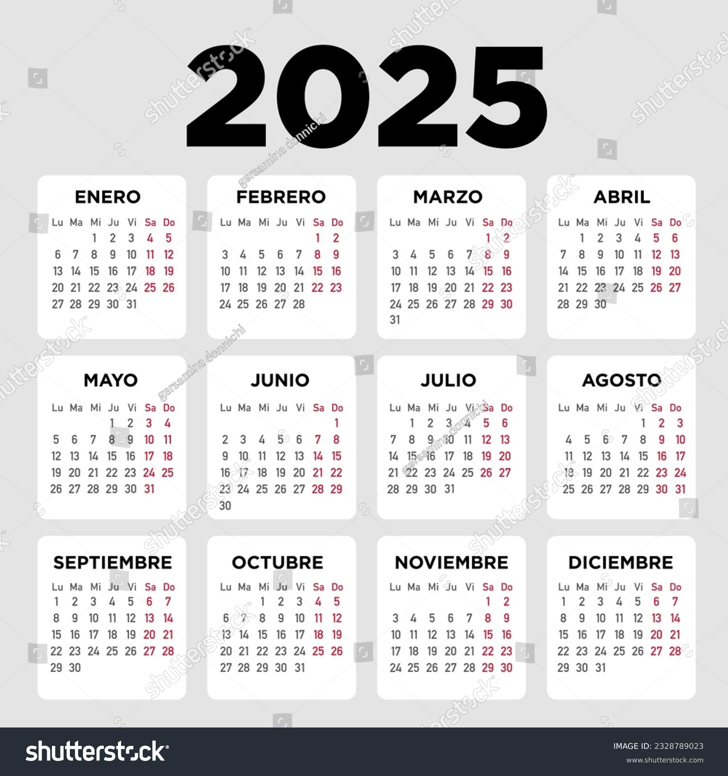 Calenda 2025 in spanish. Week starts on Monday. Royalty Free Stock