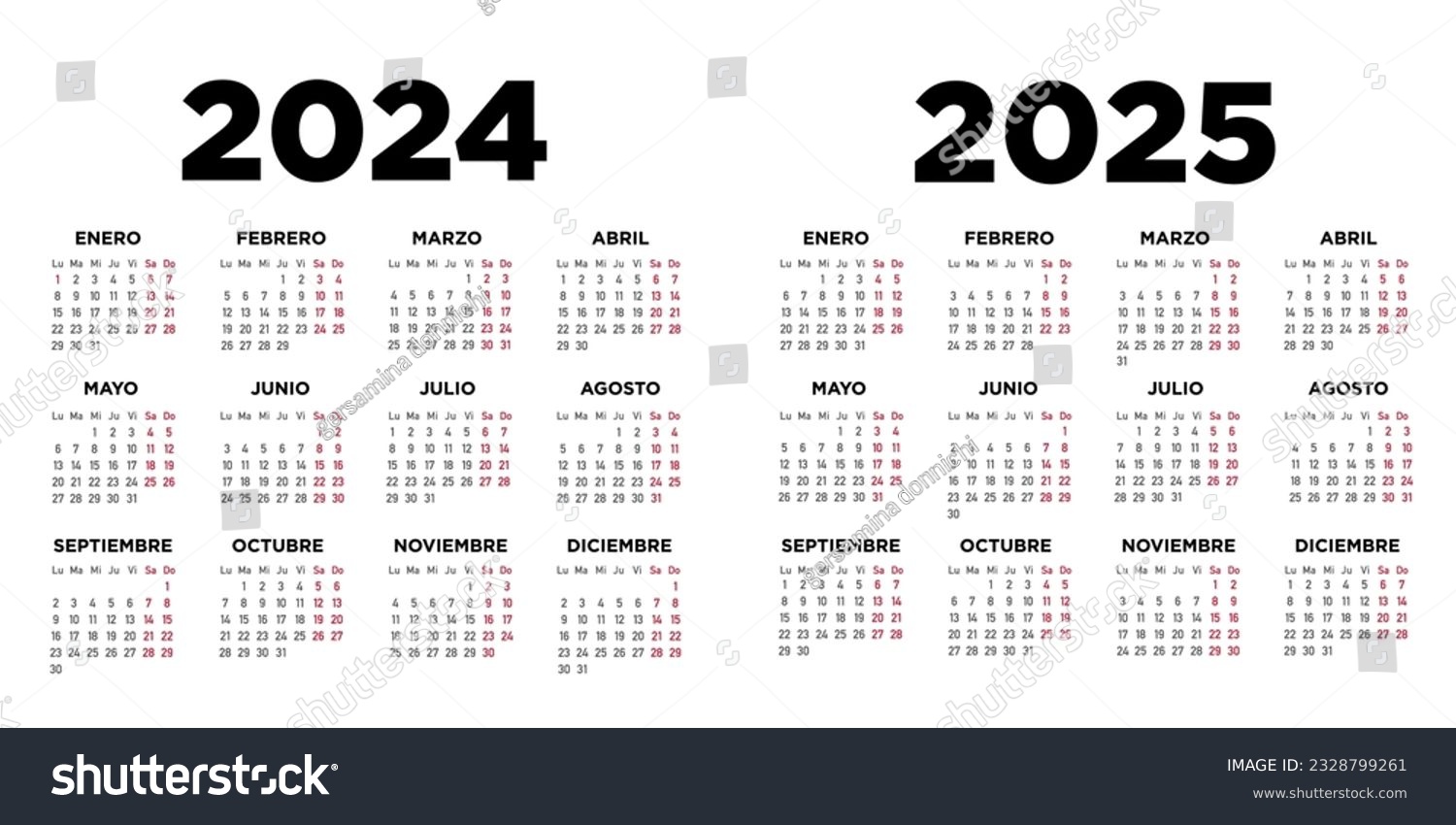 Calendar 2024 and 2025 in spanish. Week starts Royalty Free Stock