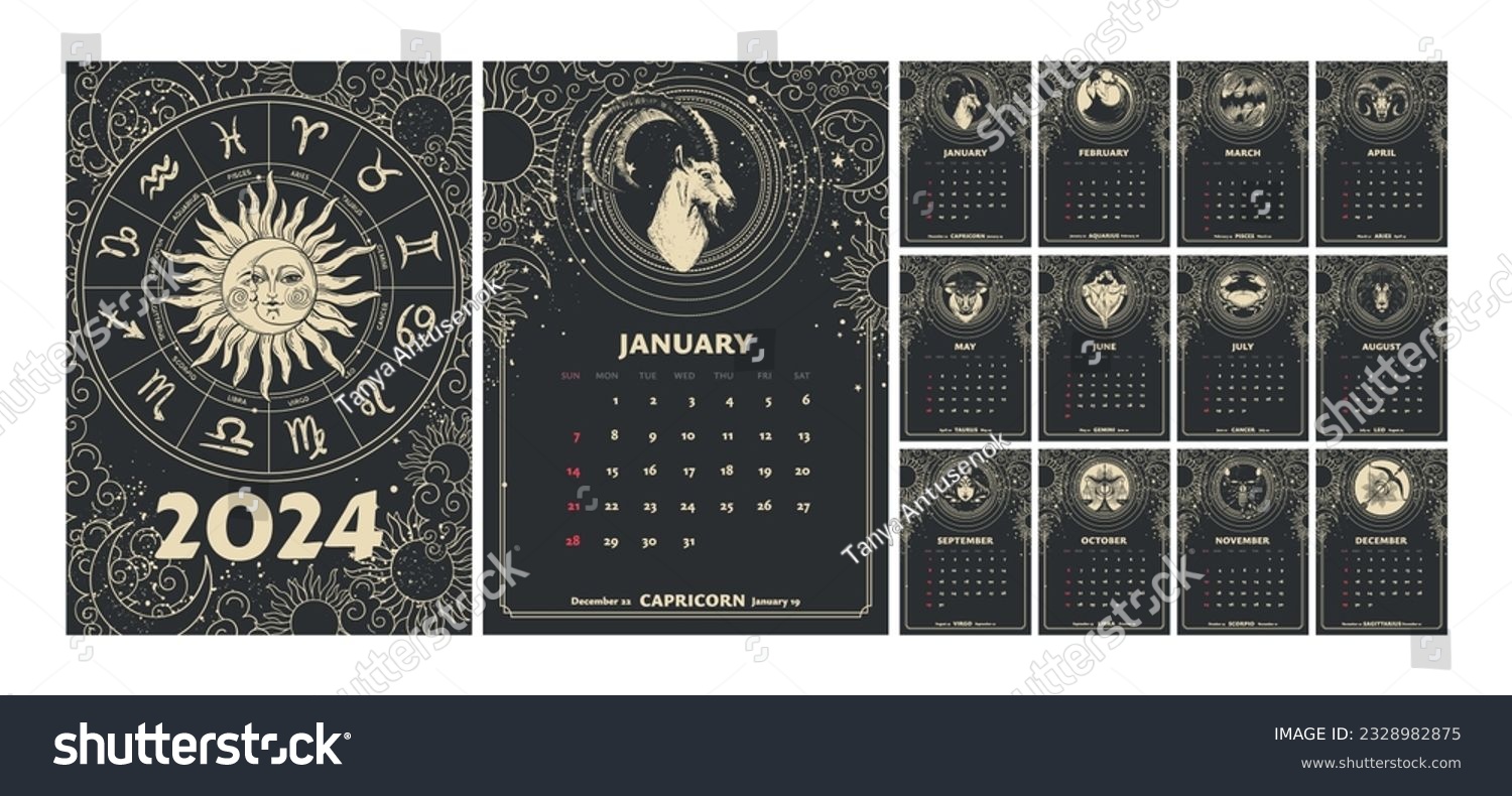 Zodiac signs Calendar 2024, astrology magical Royalty Free Stock