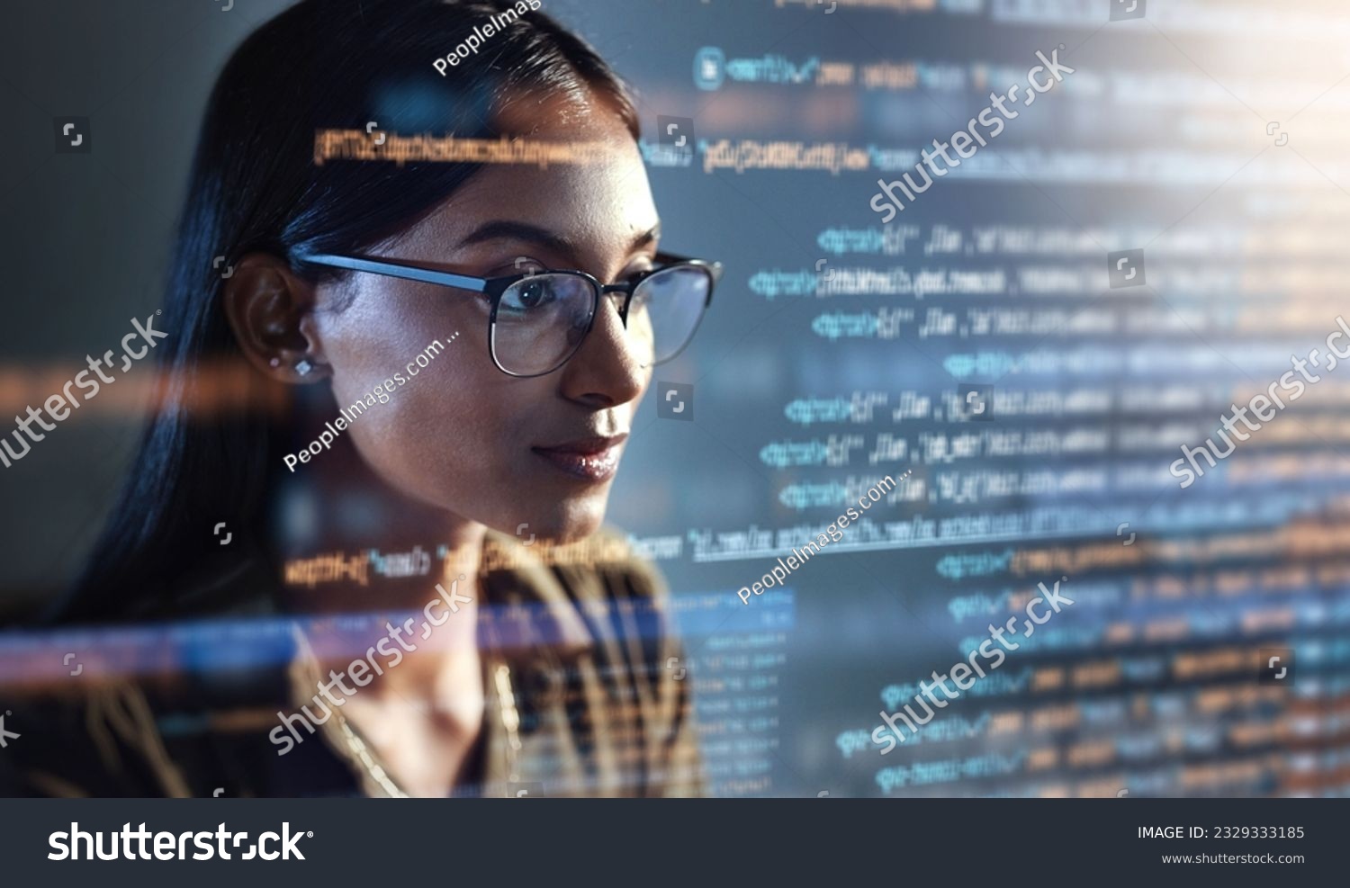 Software, data hologram and woman with code analytics, information technology and gdpr overlay. Programmer coding or IT person in glasses reading html script, programming and cyber security research #2329333185