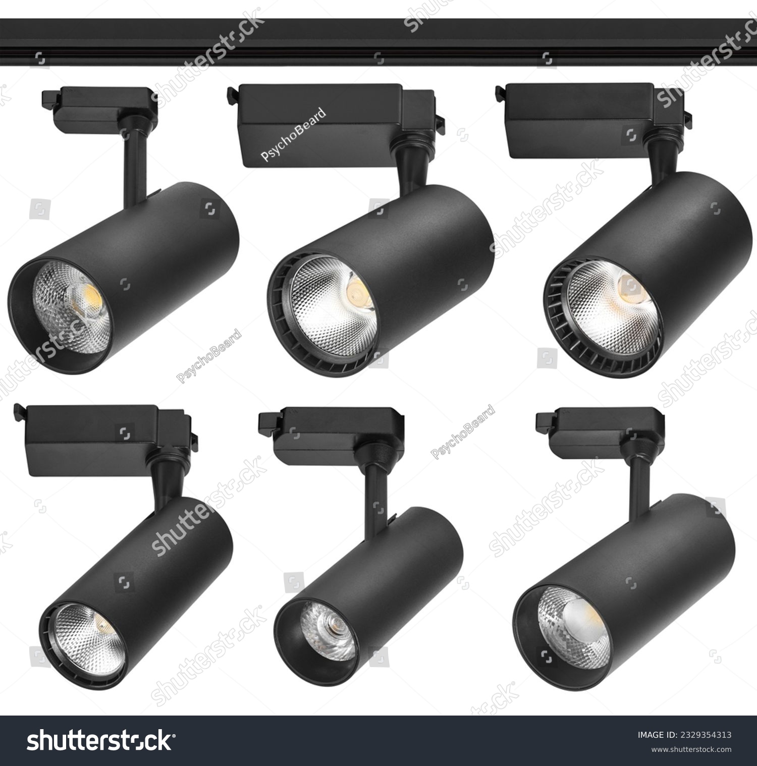 set of modern led track ceilling lamps isolated with clipping path #2329354313