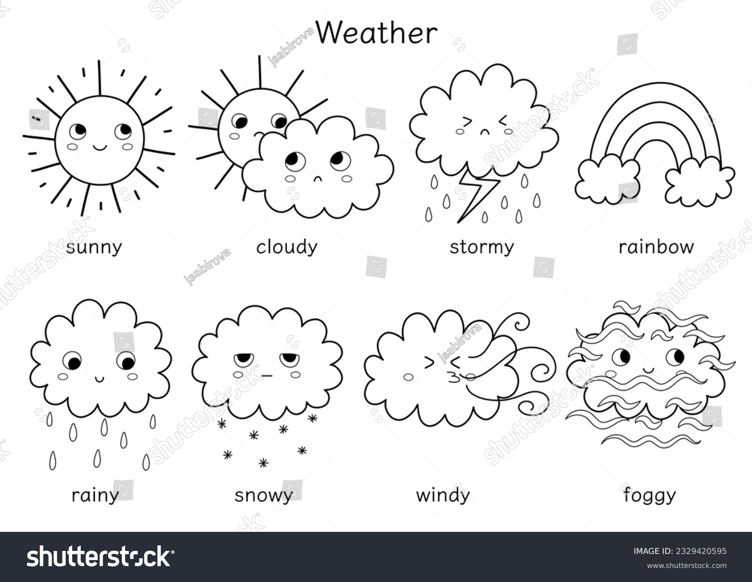 Cute weather characters black and white set for kids. Funny sun, clouds, rainbow clipart collection in outline for coloring book. Vector illustration #2329420595