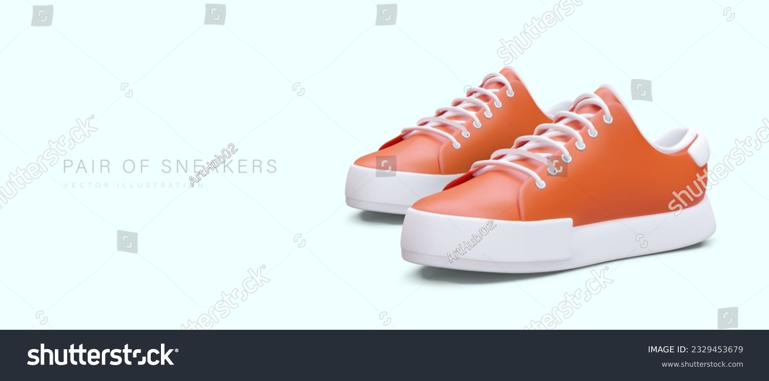 Commercial template for shoe store. Pair of 3D orange sneakers. Modern sports shoes with comfortable sole. Banner with place for promotional text, offers #2329453679