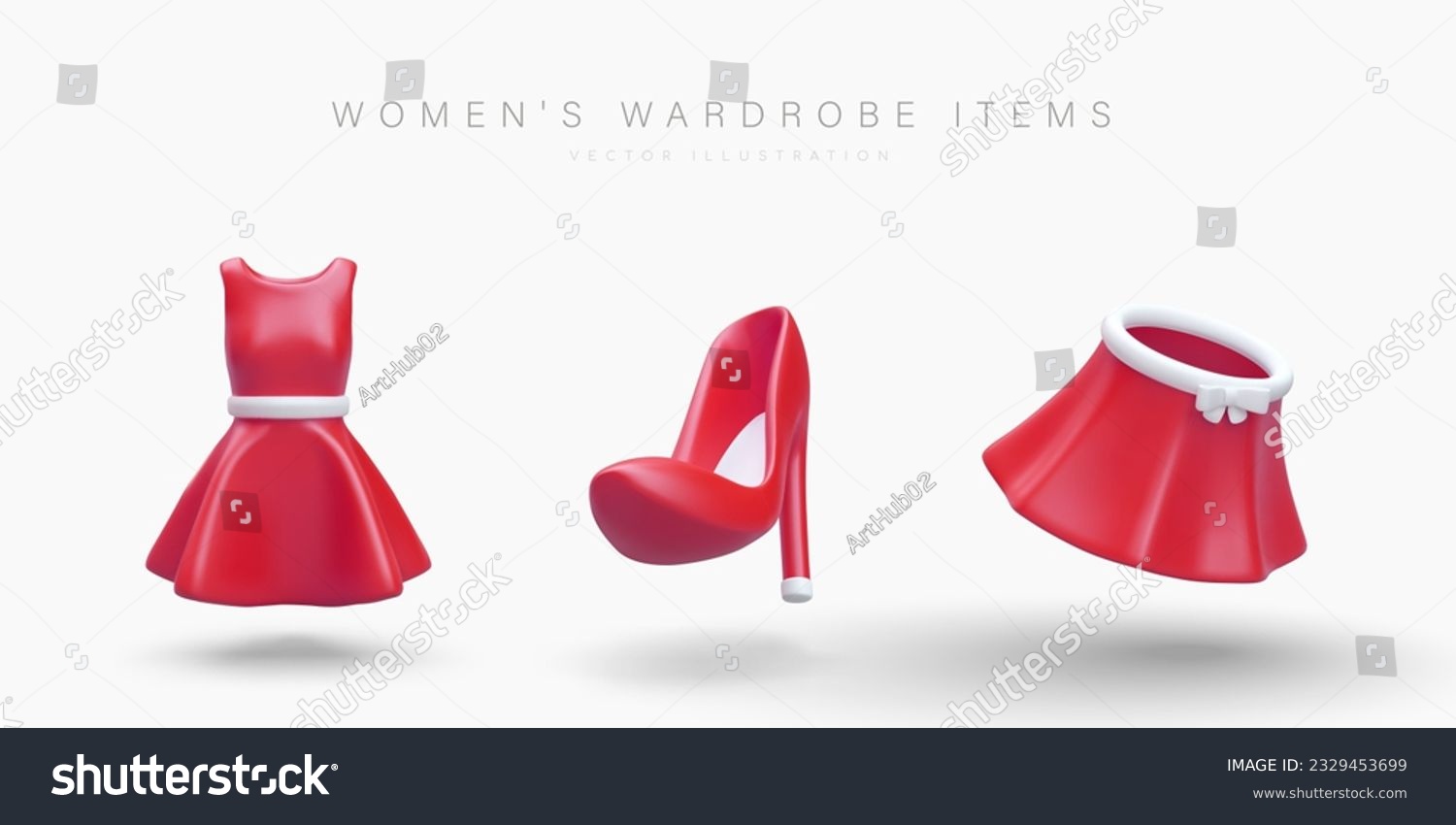 Womens wardrobe items. Realistic dress, skirt, high heel shoe. Colored icons to indicate product categories, sections in store. Cute illustration for modern design #2329453699