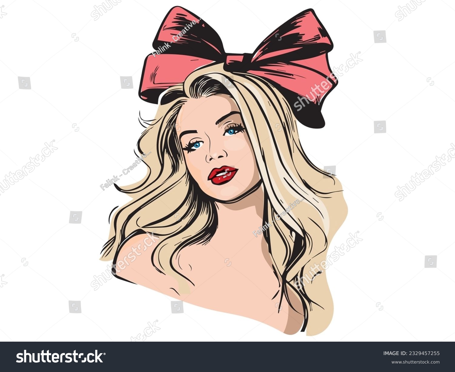 Beautiful girl with bow on her head. Fashion girl. Stylish blond hair woman. Vector illustration. #2329457255