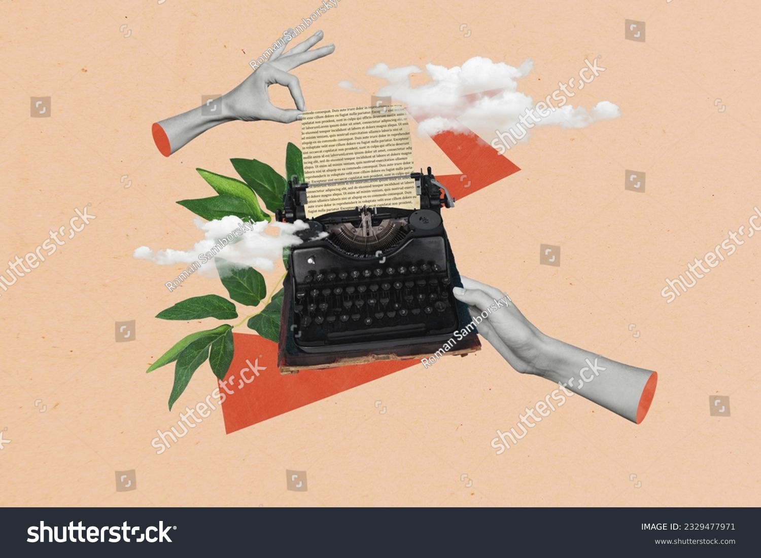 Collage creative picture of hands holding mechanical retro keyboard journalist typewriter antique document isolated on beige background #2329477971