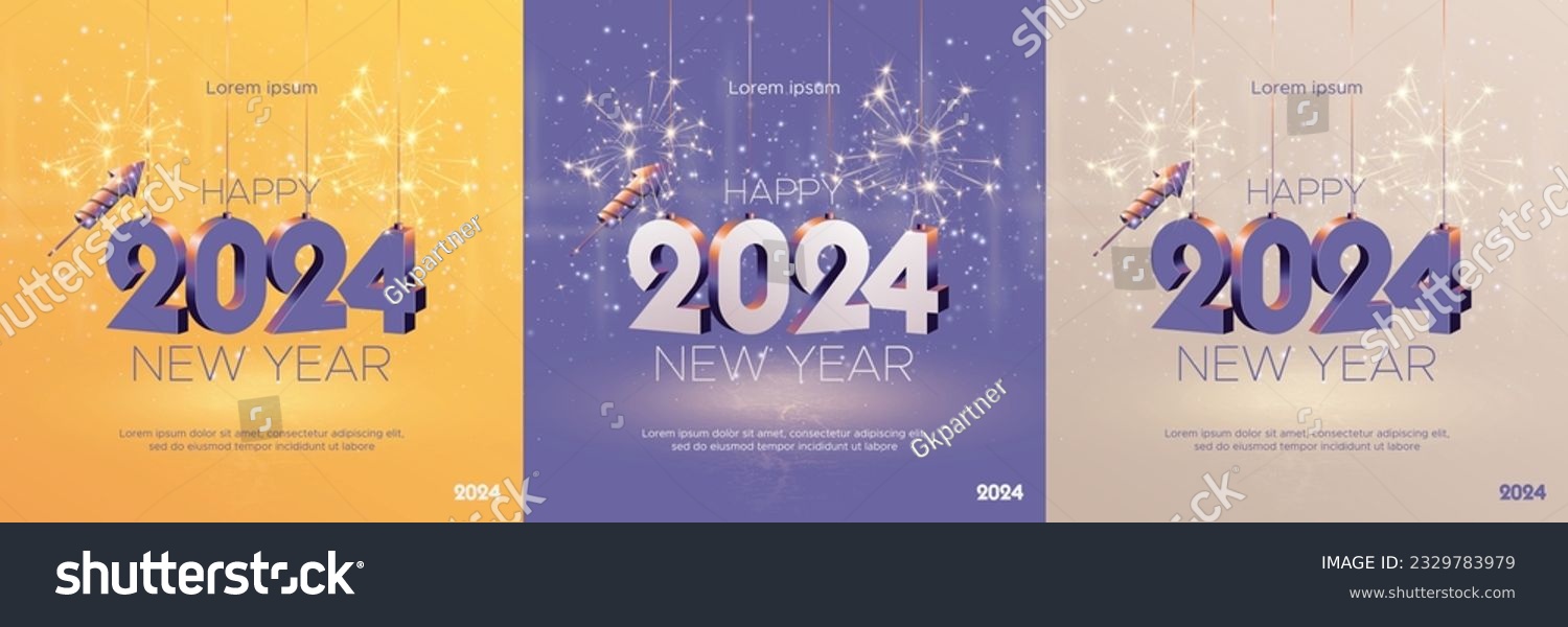 Happy new year 2024 square template with 3D hanging number. Greeting concept for 2024 new year celebration #2329783979
