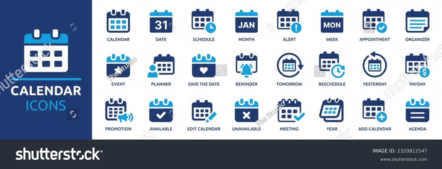 Calendar icon set. Containing date, schedule, month, week, appointment, agenda, organization and event icons. Solid icon collection. Vector illustration. #2329812547