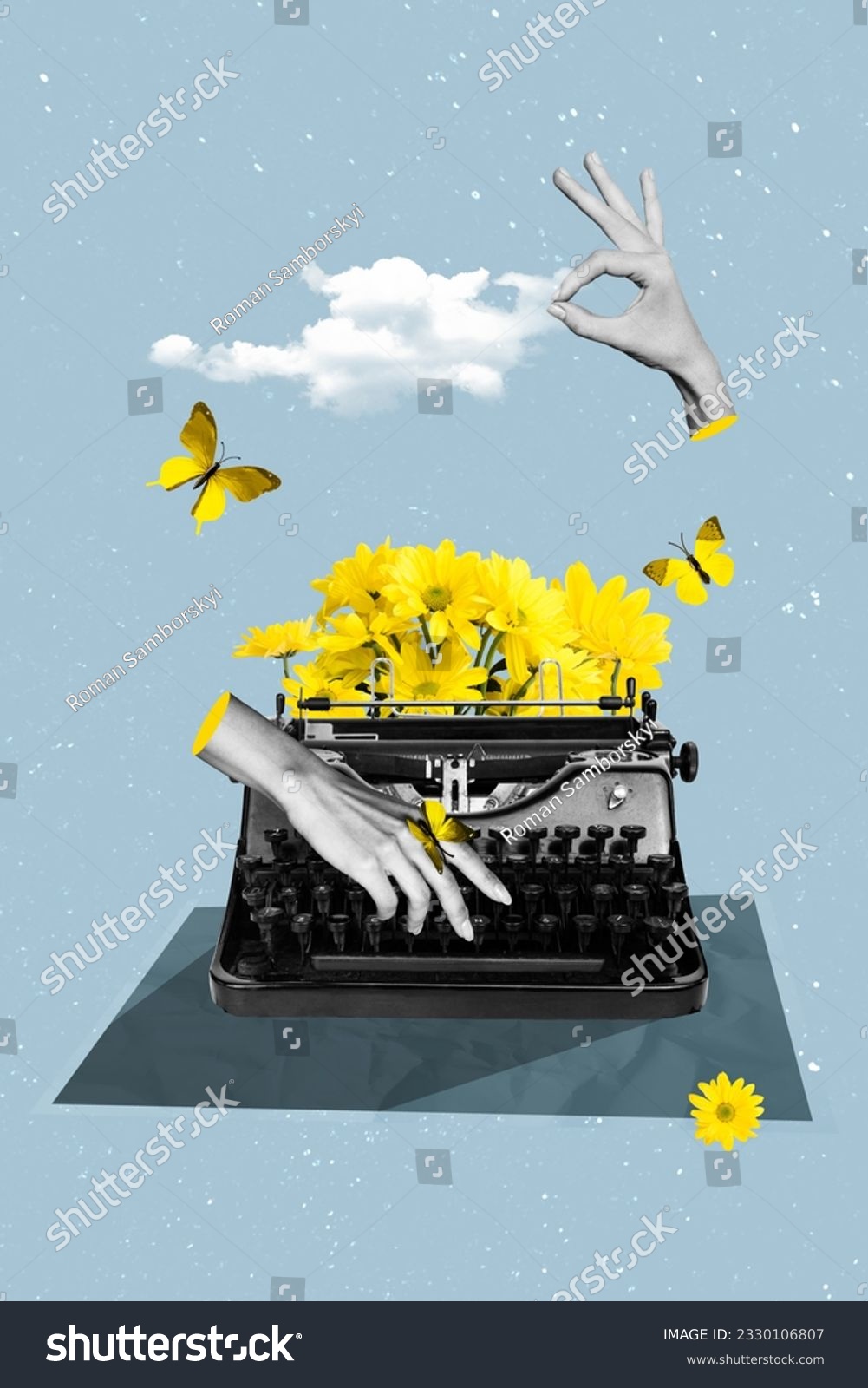 Collage 3d image pinup pop artwork of hands typing copywriter mechanical vintage keyboard yellow bouquet daisy isolated on blue background #2330106807