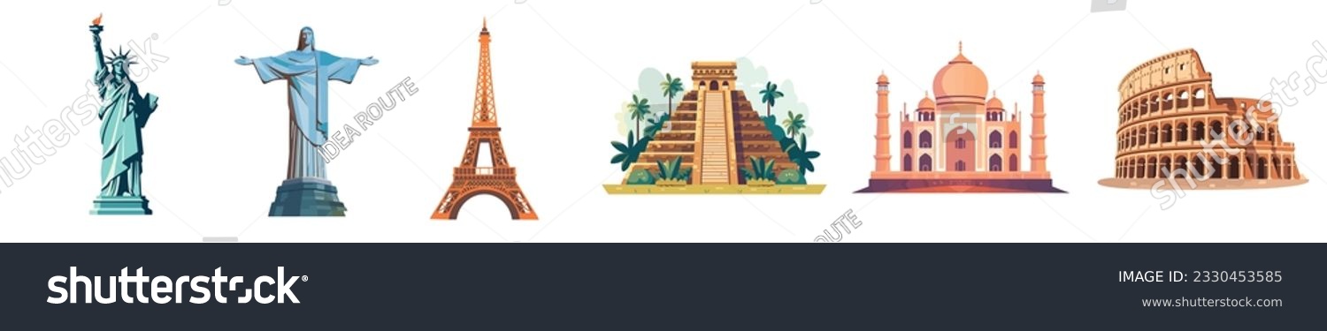 Set of famous monuments and landmarks. statue of liberty, Christ the redeemer, Eiffel tower, Chichen Itza, Taj mahal mosque, Colosseum. Vector design. Famous towers and world monuments vector set. #2330453585