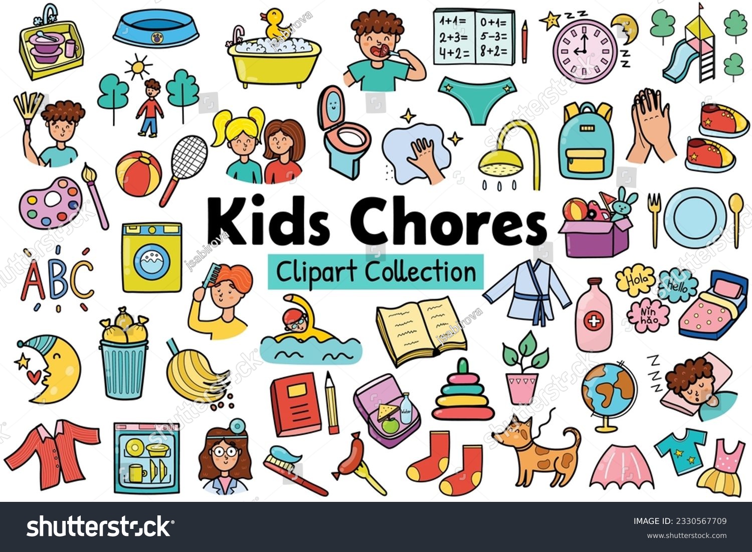Kids chores clipart collection. Daily routine icons set. Tasks stickers for creating reward chart. Vector illustration #2330567709