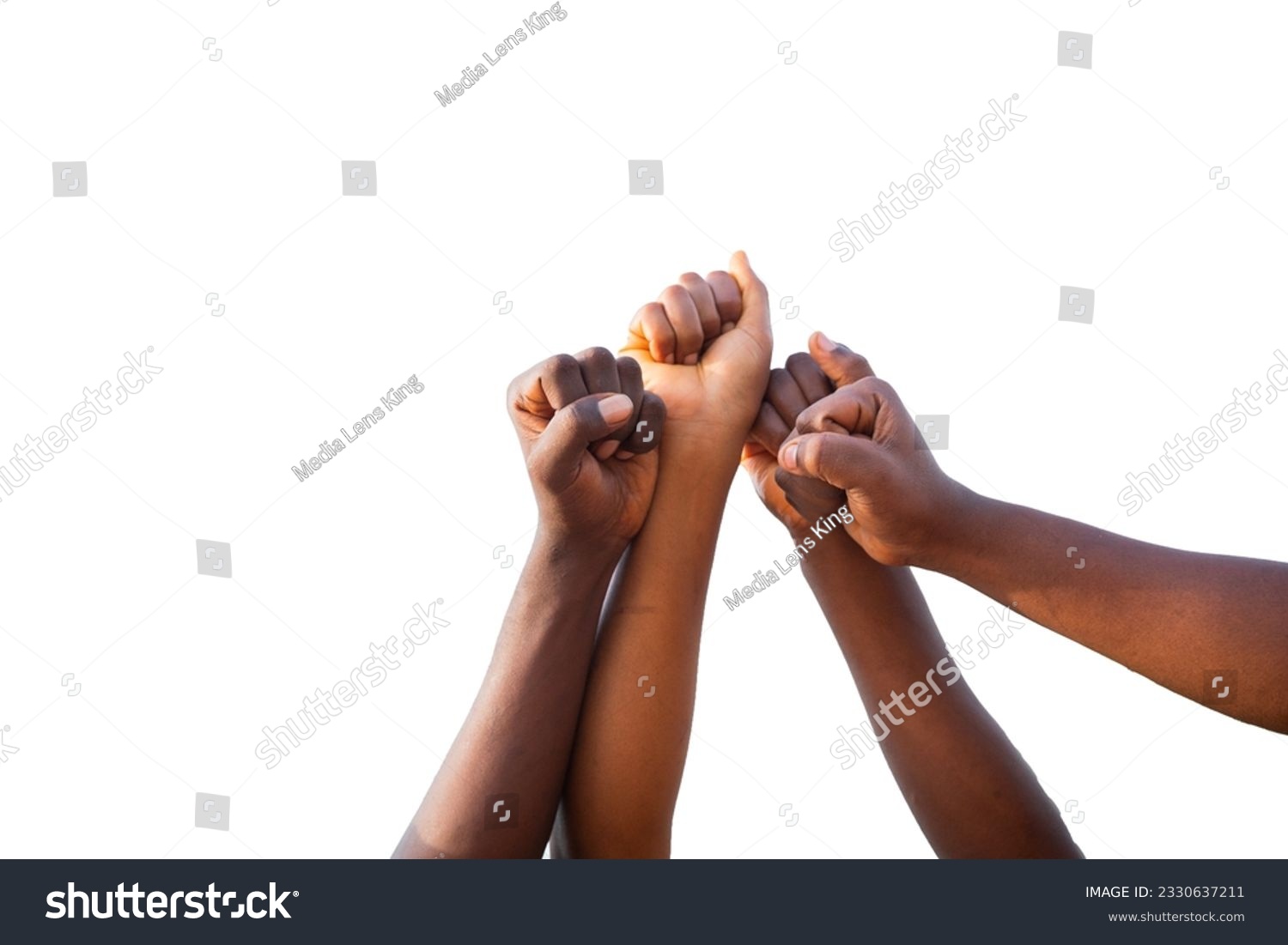 Four fists of African people united in sky, photo with white background and copy space. #2330637211