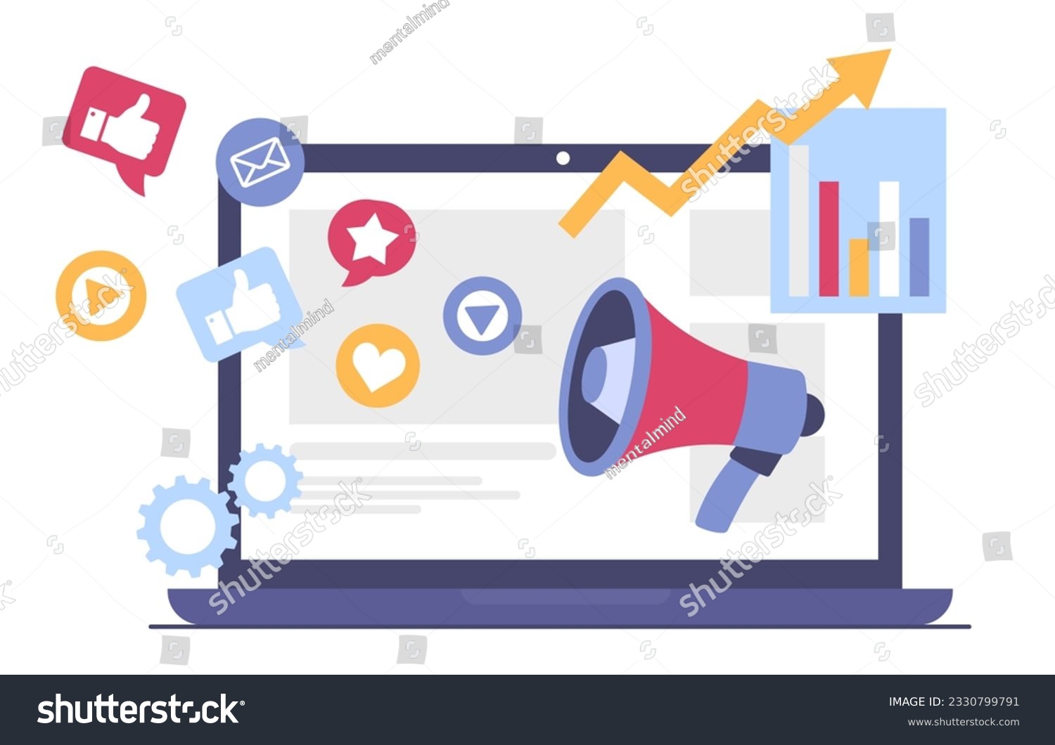 Internet advertising at laptop concept. Online marketing and electronic commerce. Promotion in social networks and search engines. Graphs and charts. Cartoon flat vector illustration #2330799791