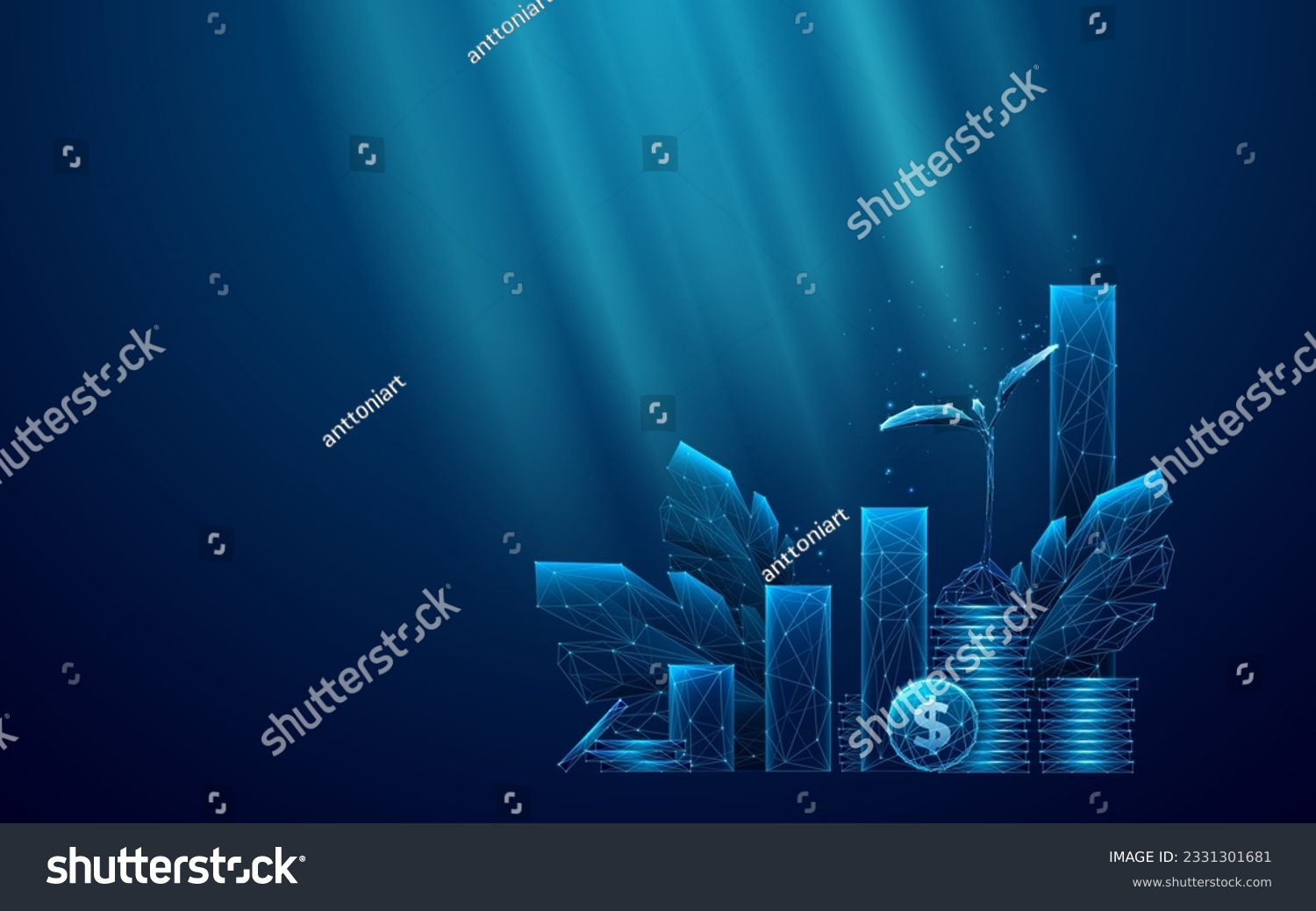 Sustainable Economy Concept. Dollar Coins, Plants, and Growth Chart in Blue on Technological Background. Abstract Finance and Environment Banner. Digital Low Poly Wireframe Vector Illustration.
 #2331301681