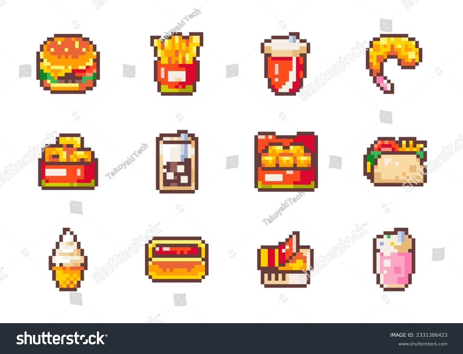 Pixel Art Fast Food Vector Set. Burger, Fries, - Royalty Free Stock ...