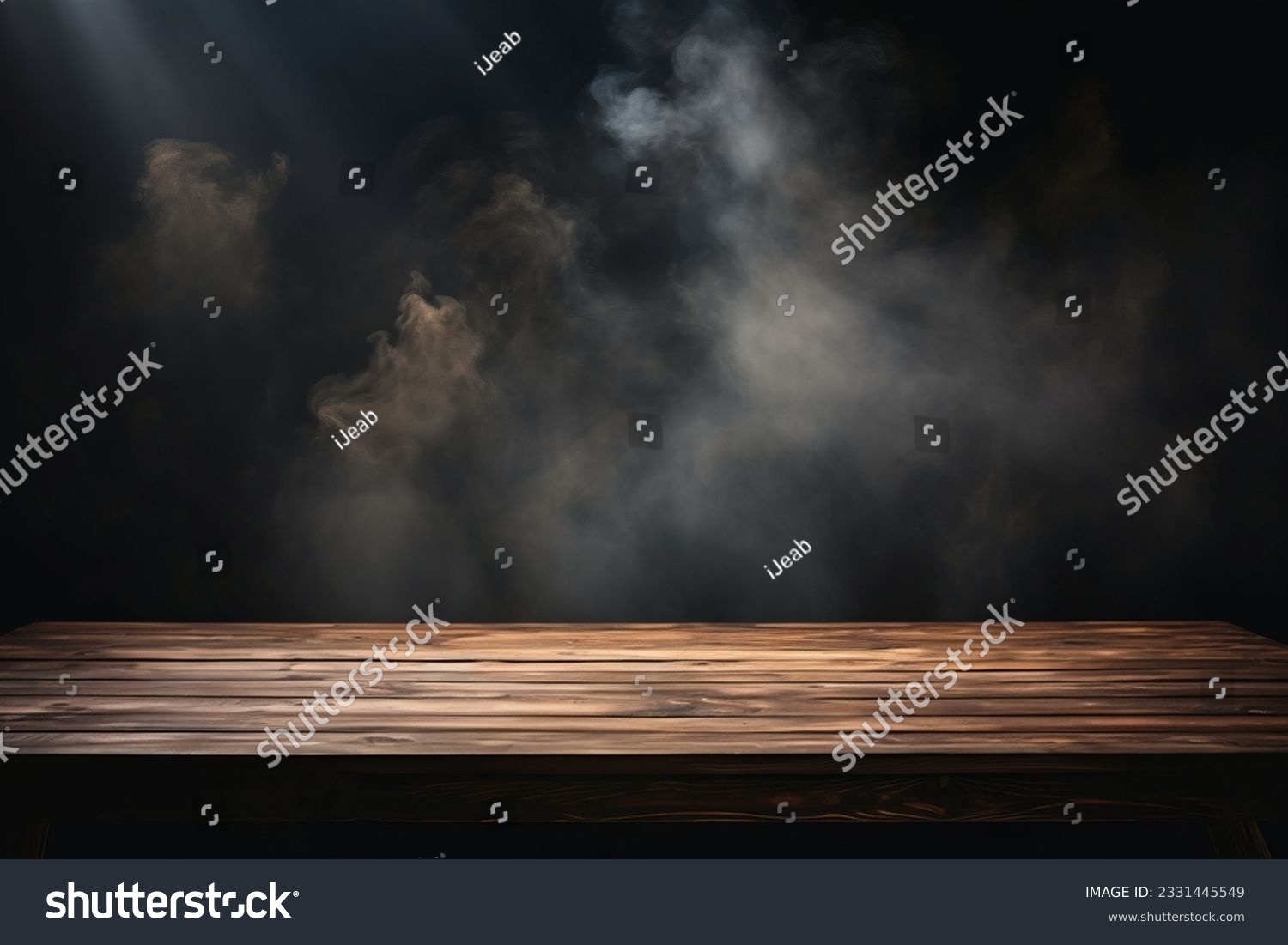 On a black background, an empty wooden table with smoke floats up. Empty space for displaying your products, with a smoke float up on a dark background. Space available for displaying your products. #2331445549